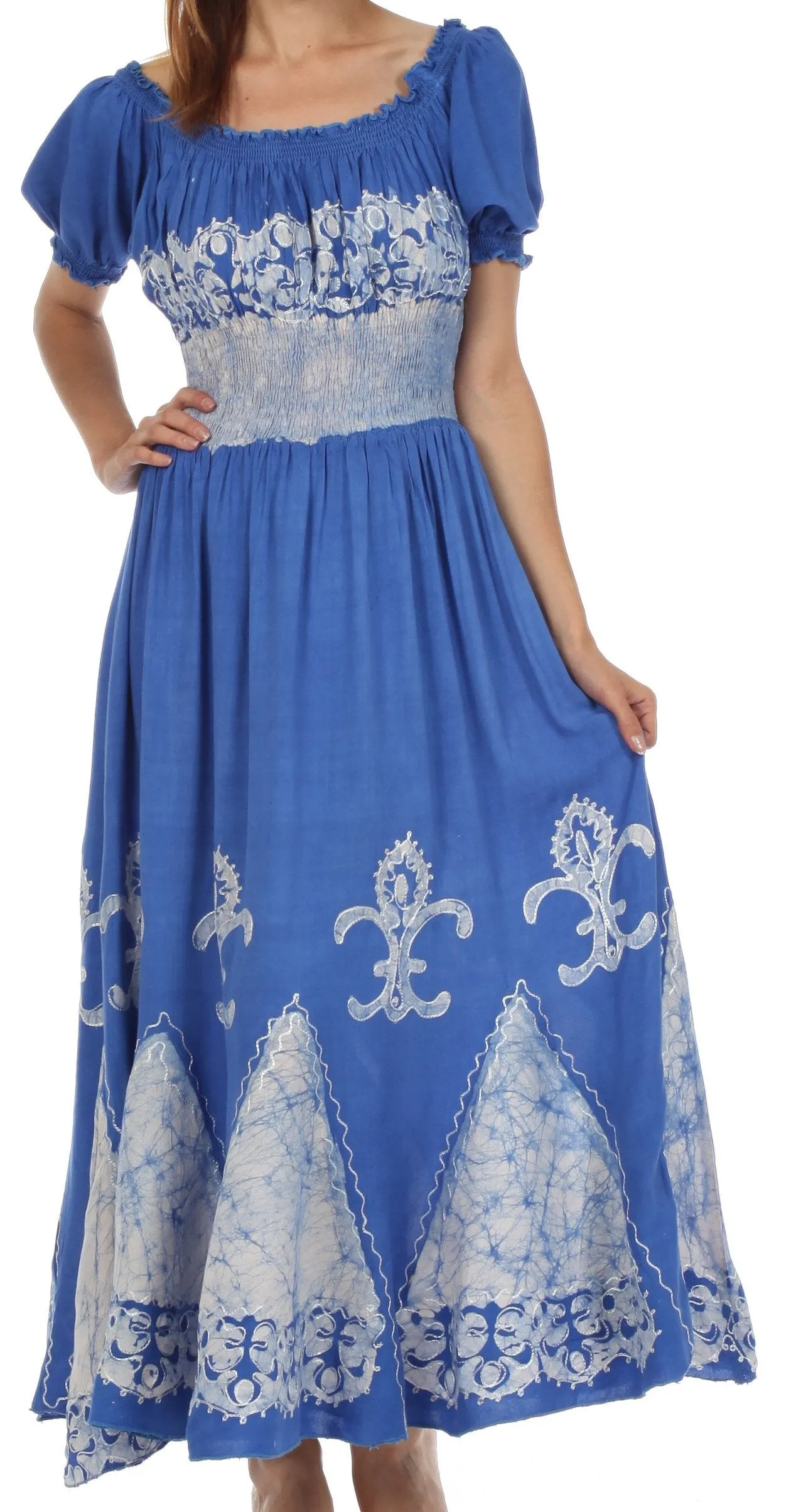 Sakkas Batik Fleur De Lis Embroidered Peasant Dress