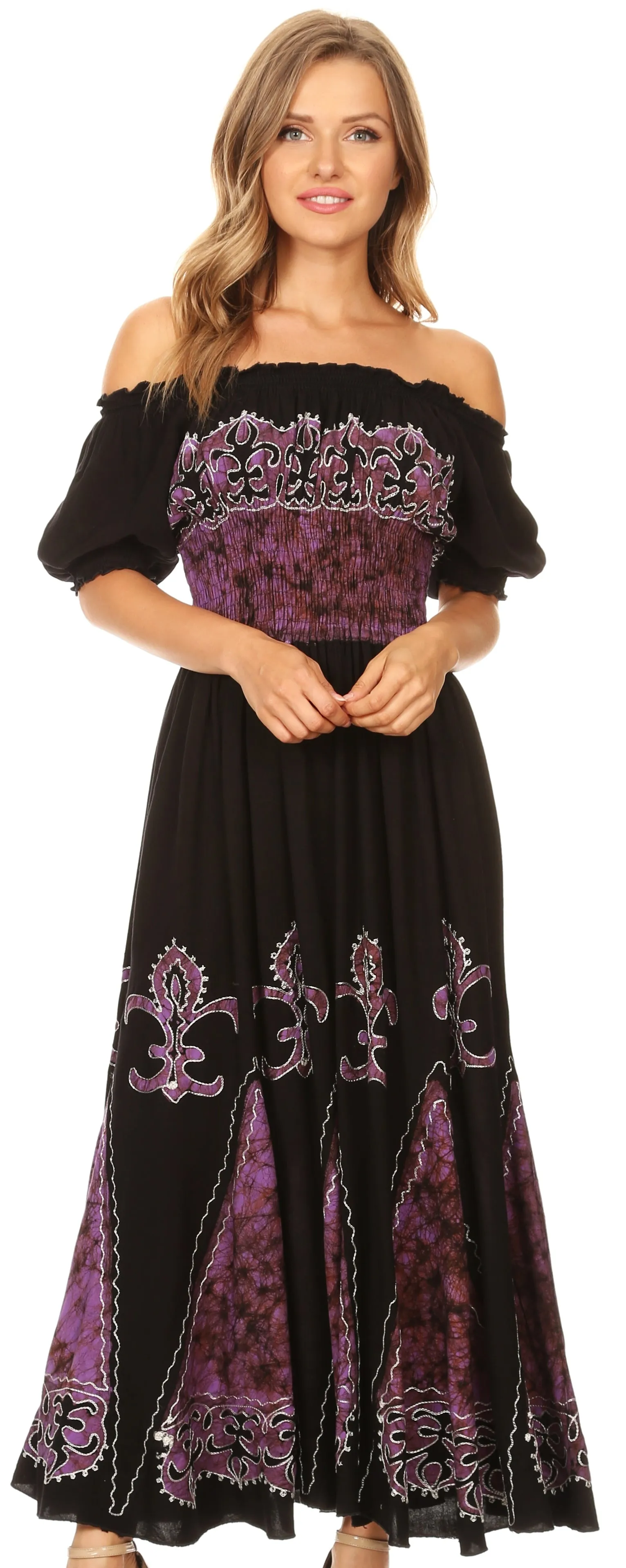 Sakkas Batik Fleur De Lis Embroidered Peasant Dress