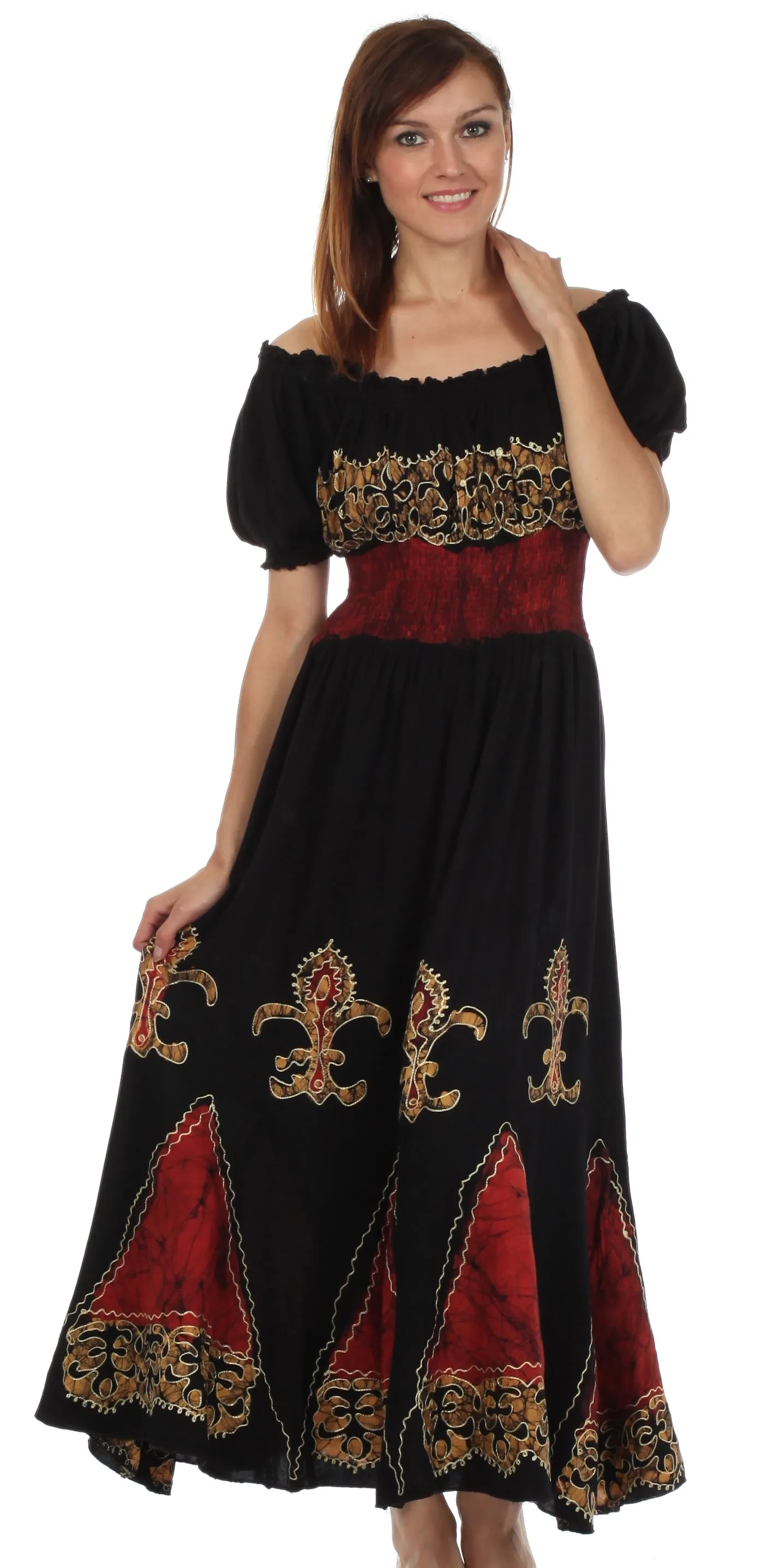 Sakkas Batik Fleur De Lis Embroidered Peasant Dress