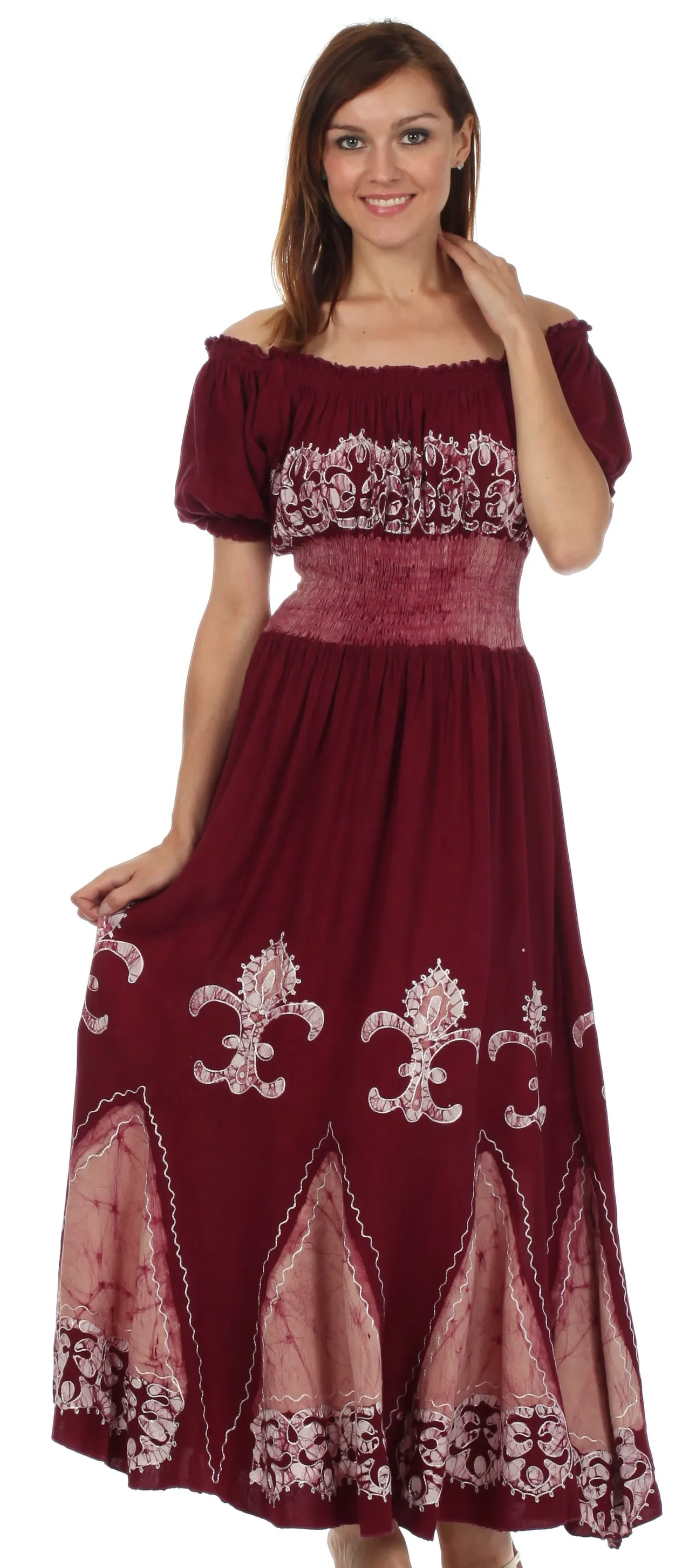 Sakkas Batik Fleur De Lis Embroidered Peasant Dress