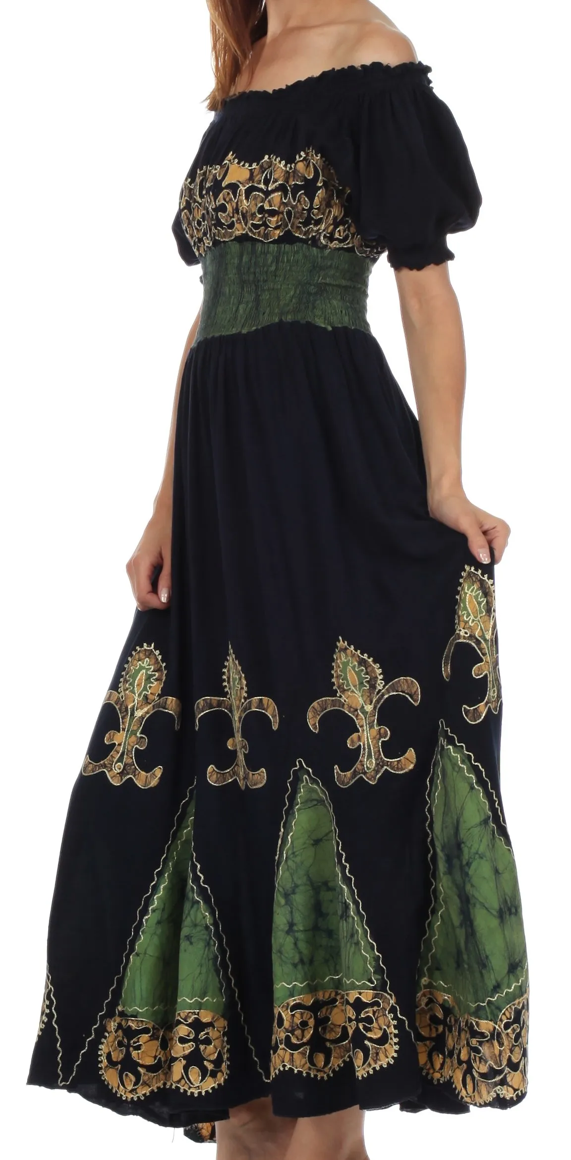 Sakkas Batik Fleur De Lis Embroidered Peasant Dress