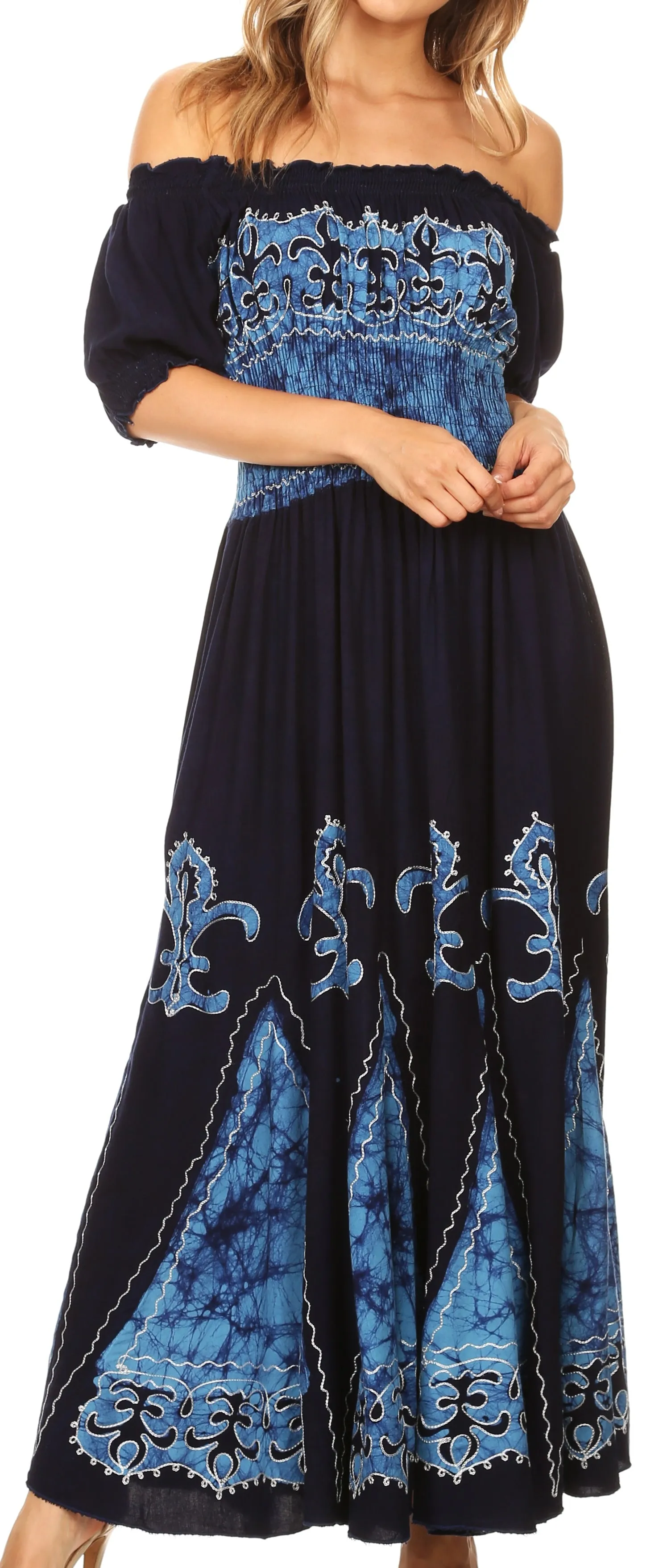 Sakkas Batik Fleur De Lis Embroidered Peasant Dress