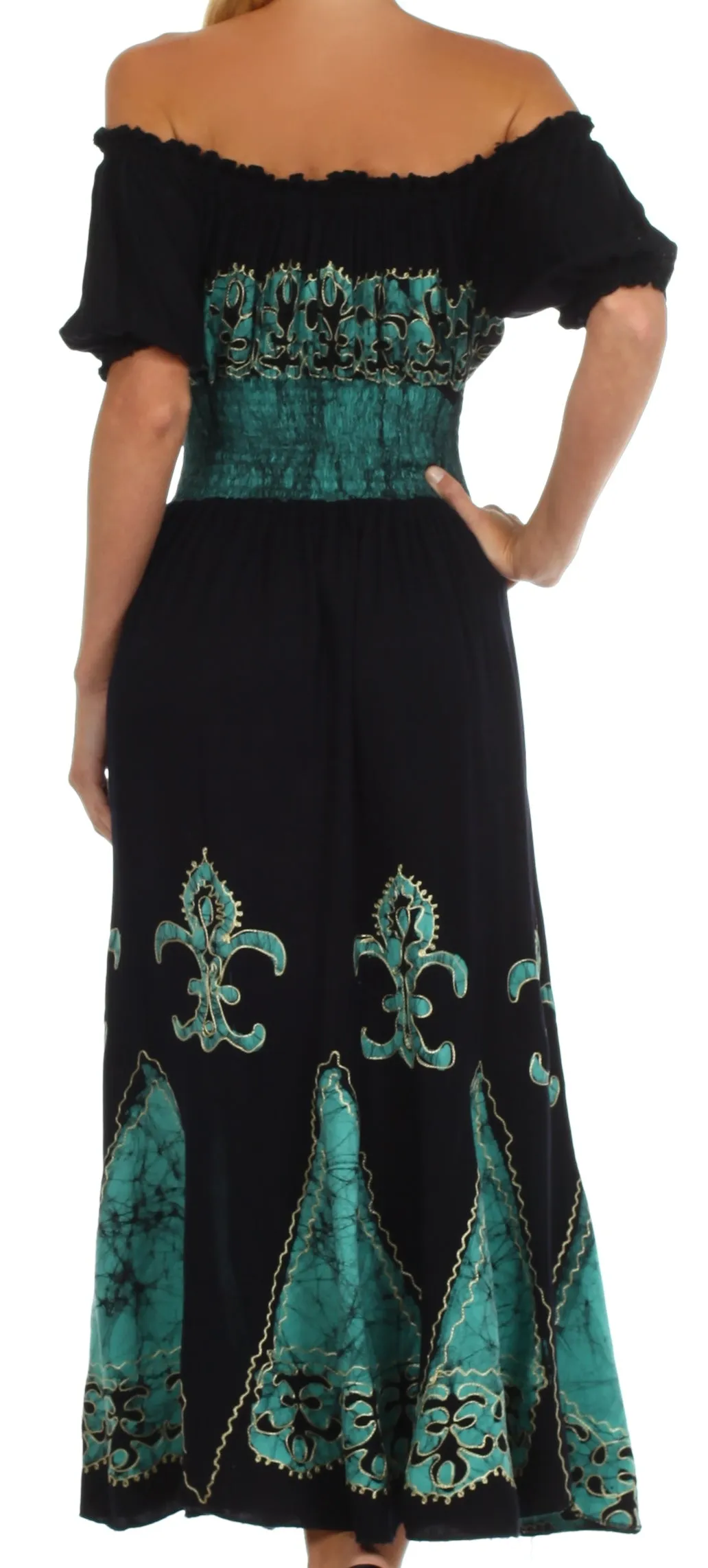 Sakkas Batik Fleur De Lis Embroidered Peasant Dress