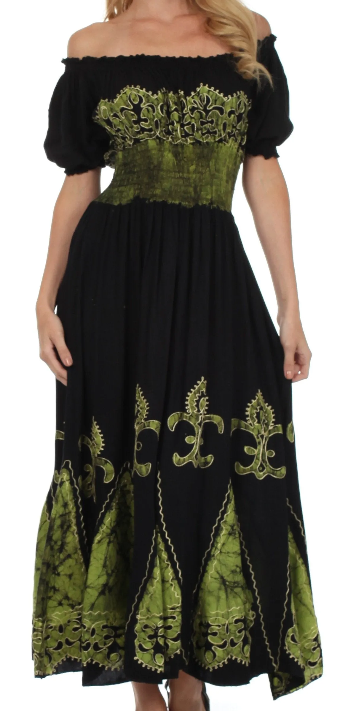 Sakkas Batik Fleur De Lis Embroidered Peasant Dress