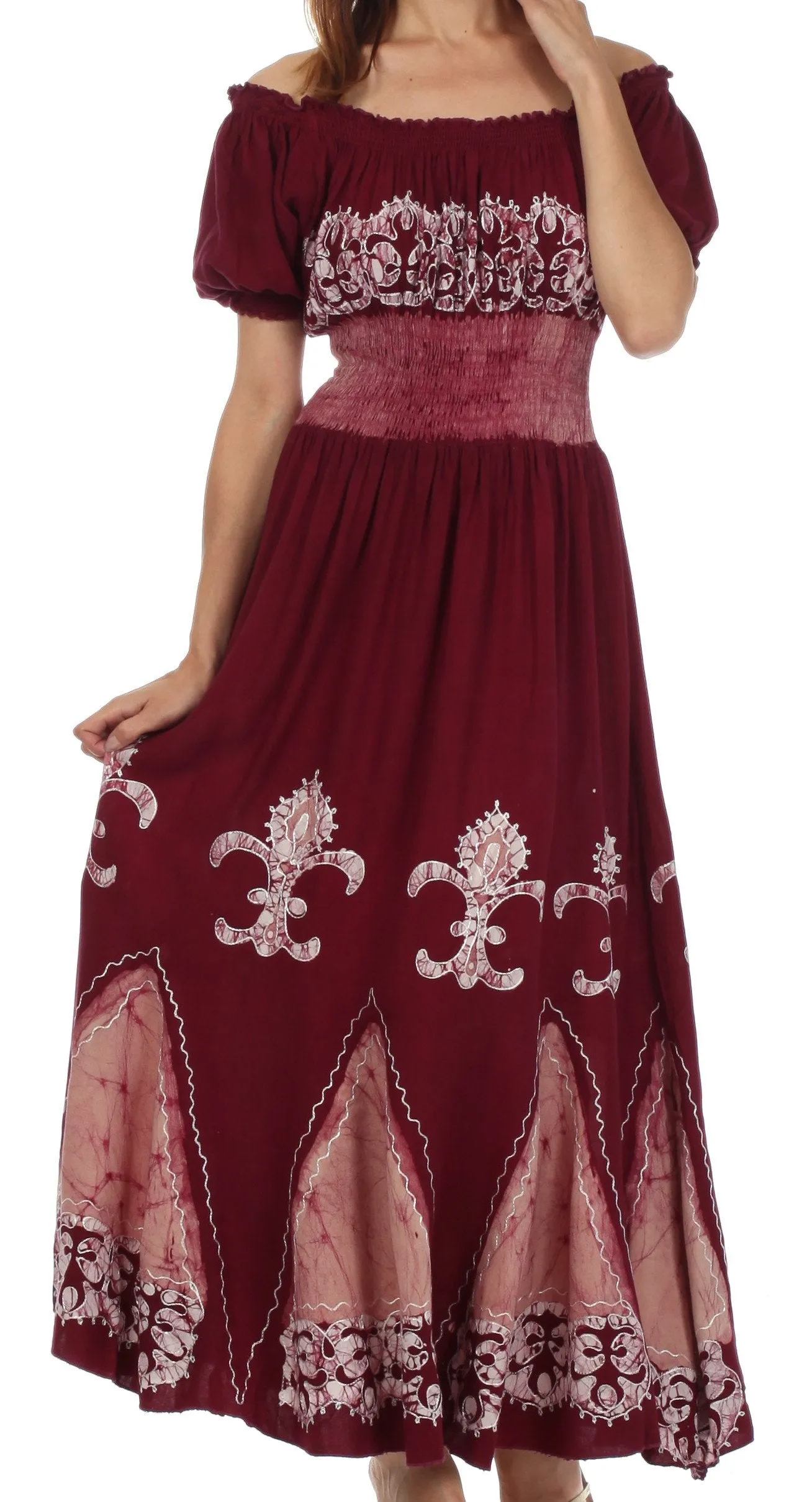 Sakkas Batik Fleur De Lis Embroidered Peasant Dress