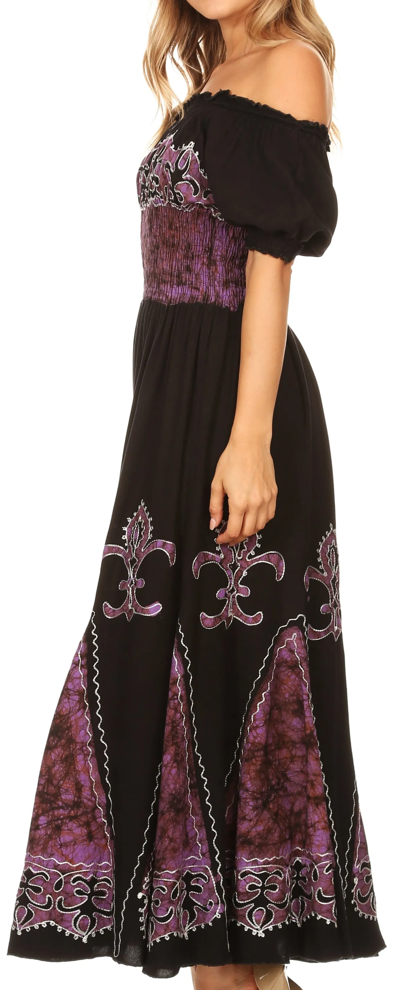 Sakkas Batik Fleur De Lis Embroidered Peasant Dress