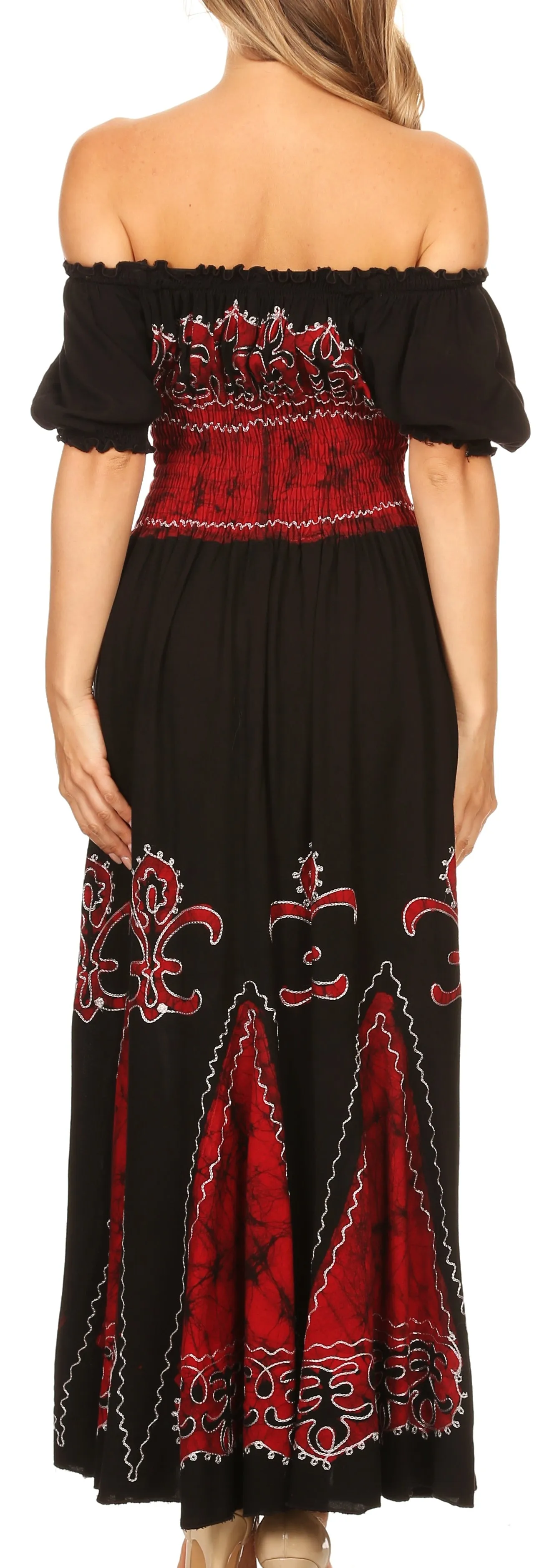 Sakkas Batik Fleur De Lis Embroidered Peasant Dress