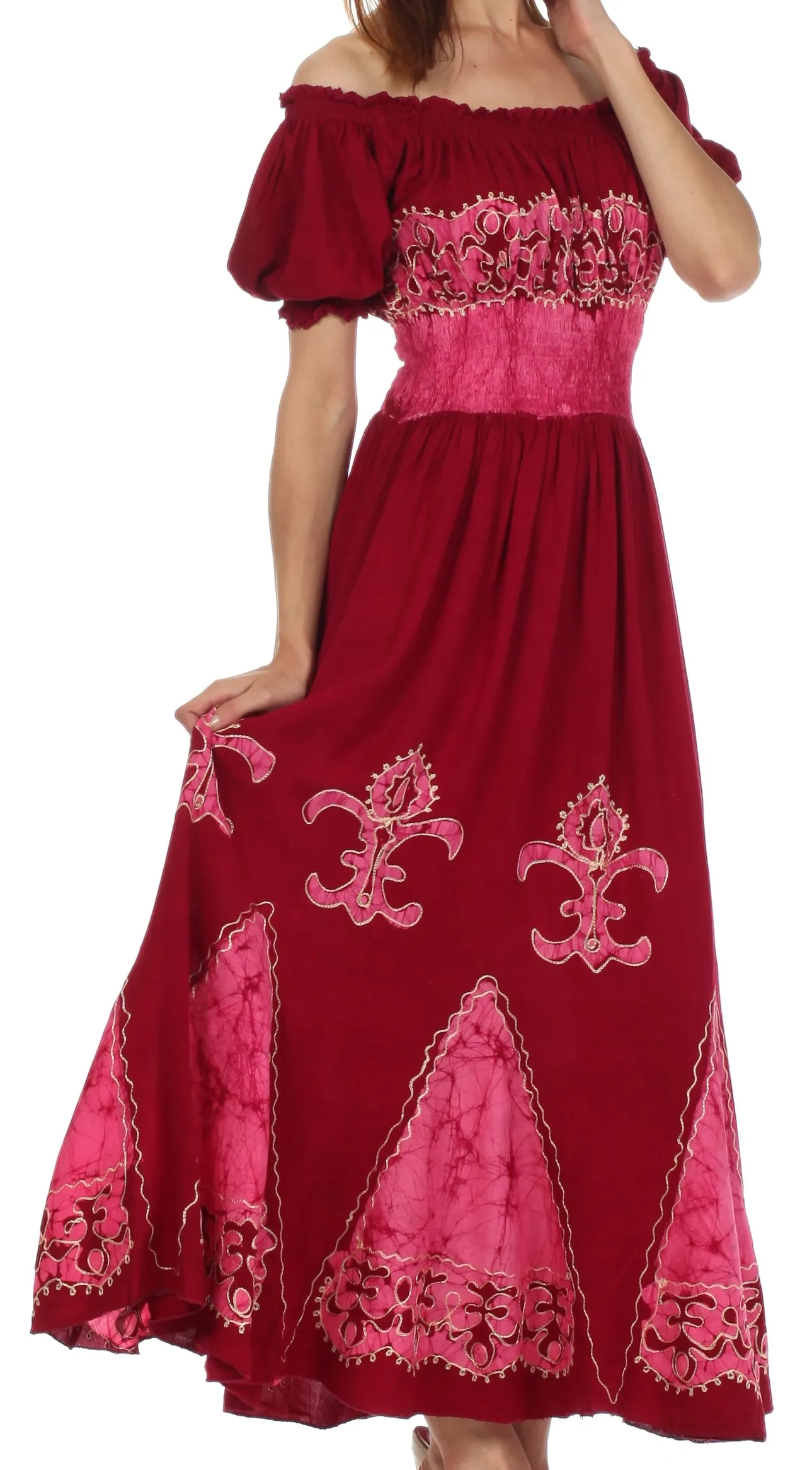 Sakkas Batik Fleur De Lis Embroidered Peasant Dress