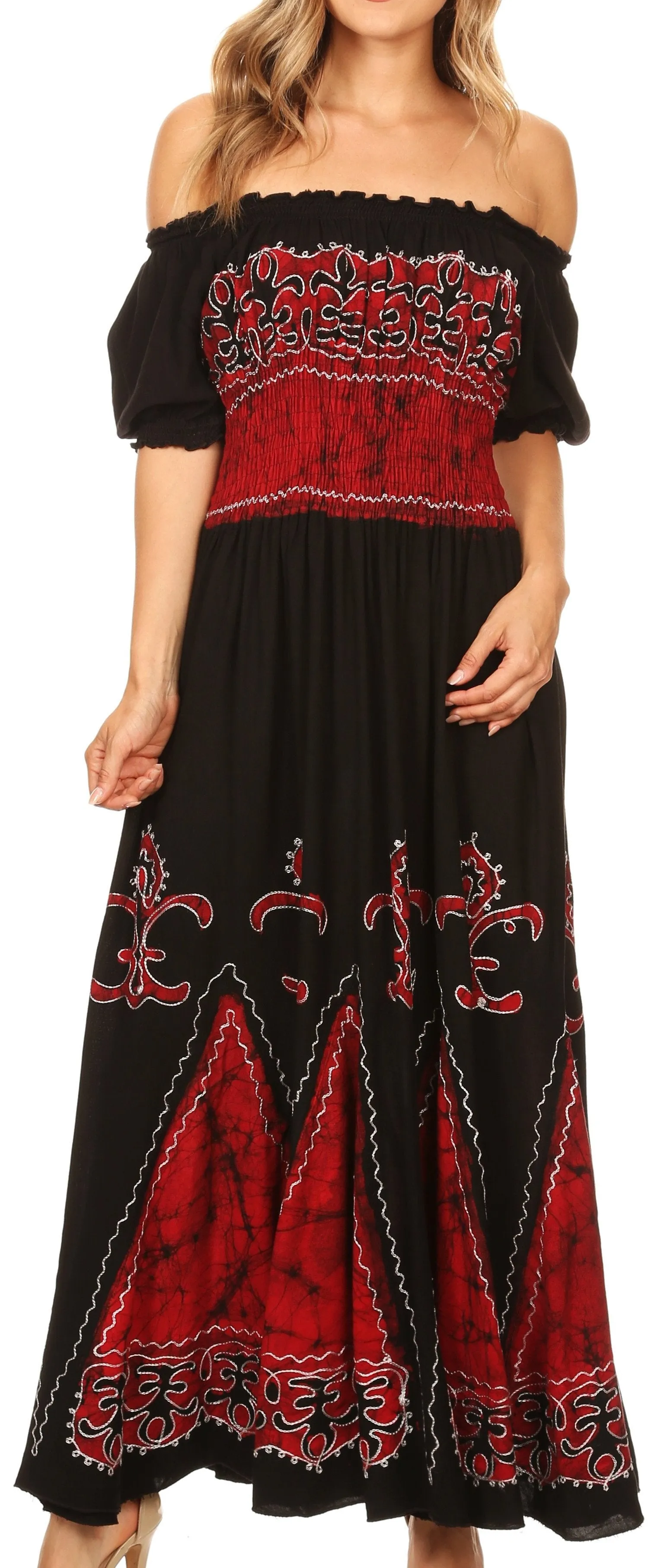 Sakkas Batik Fleur De Lis Embroidered Peasant Dress