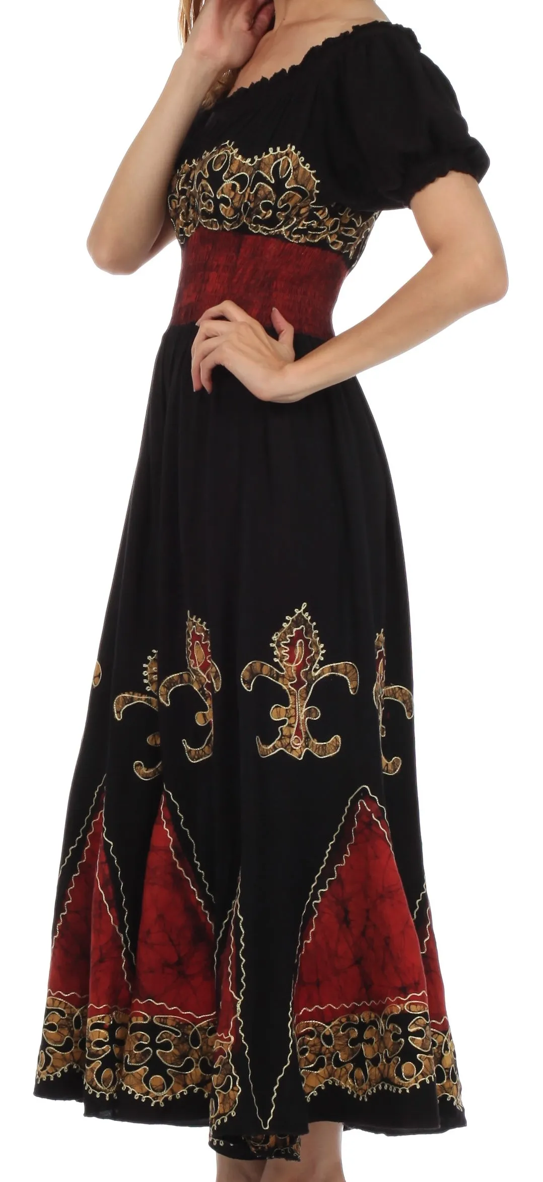 Sakkas Batik Fleur De Lis Embroidered Peasant Dress