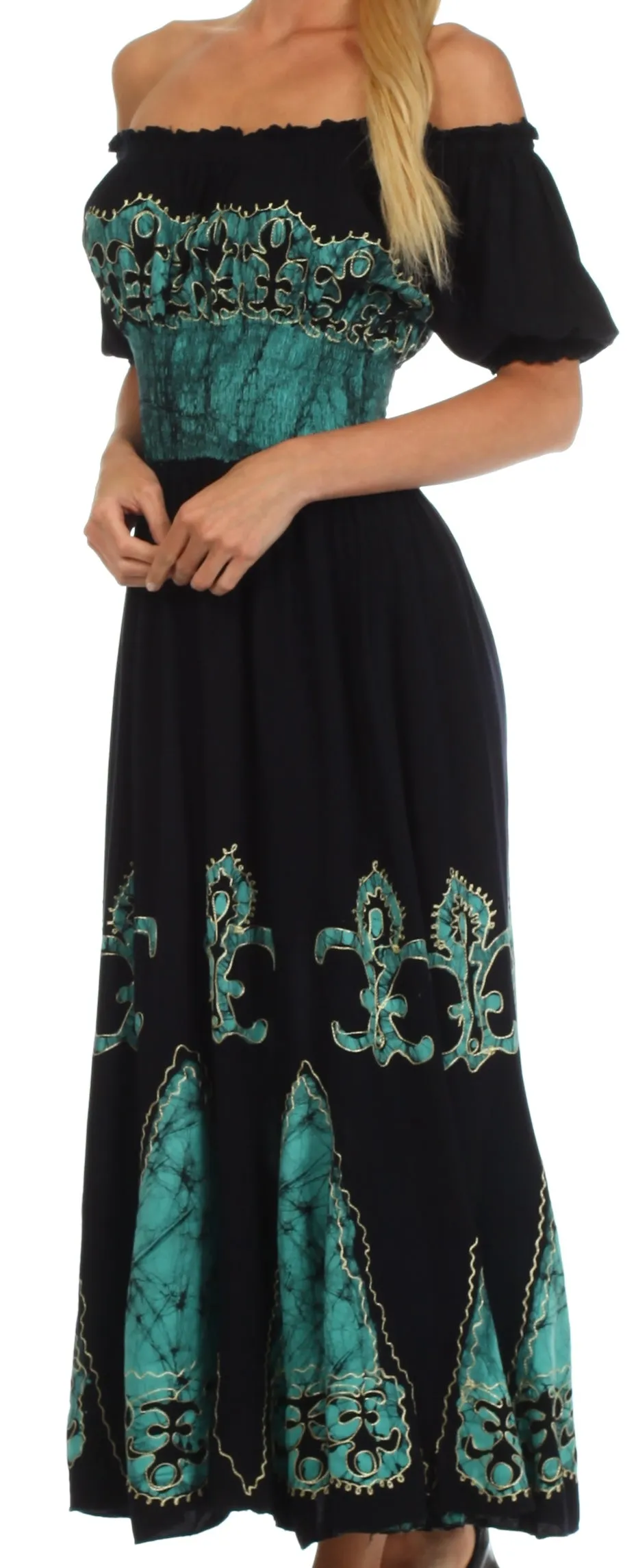 Sakkas Batik Fleur De Lis Embroidered Peasant Dress