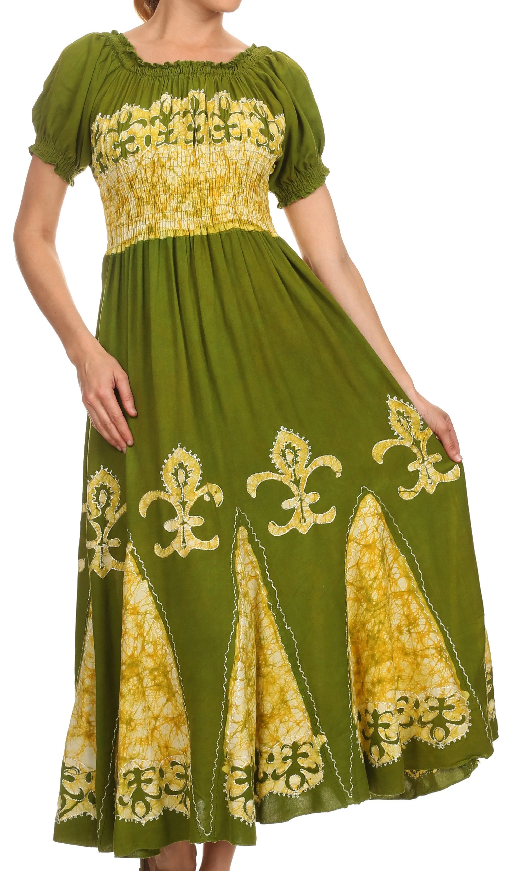 Sakkas Batik Fleur De Lis Embroidered Peasant Dress