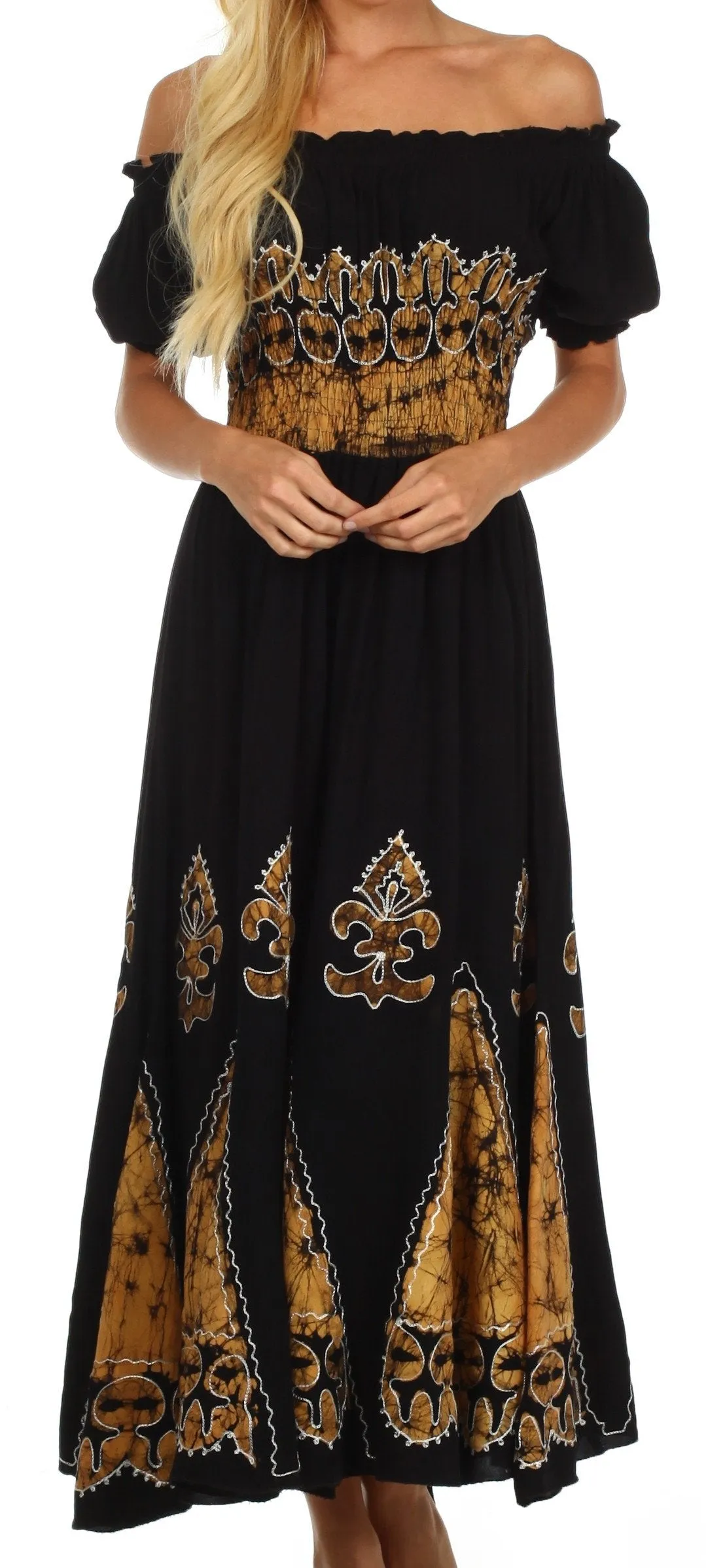 Sakkas Batik Fleur De Lis Embroidered Peasant Dress