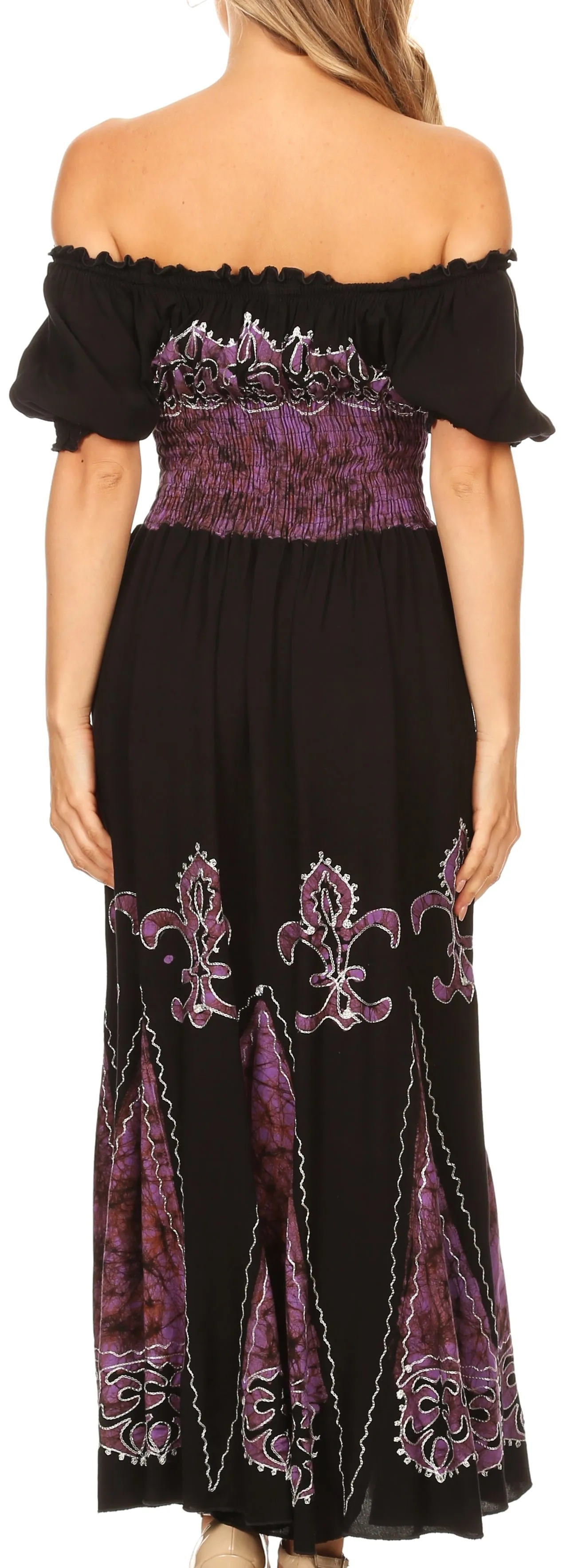 Sakkas Batik Fleur De Lis Embroidered Peasant Dress