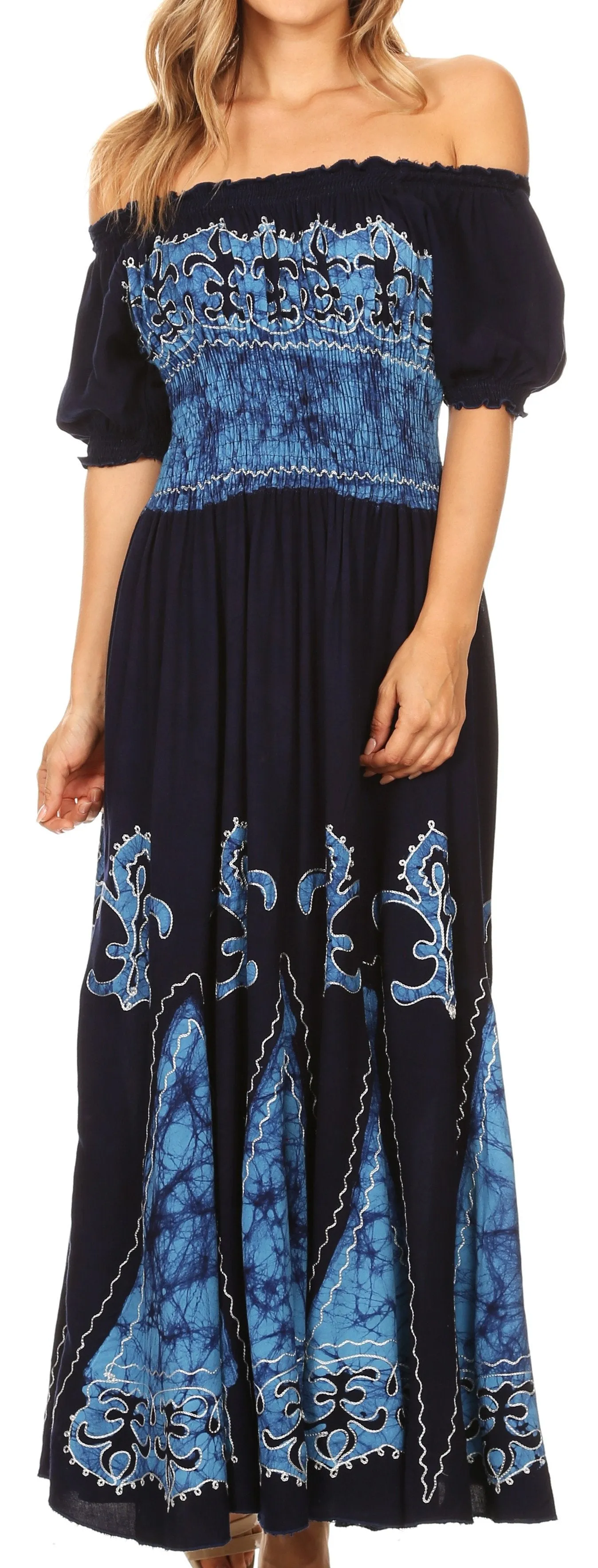 Sakkas Batik Fleur De Lis Embroidered Peasant Dress