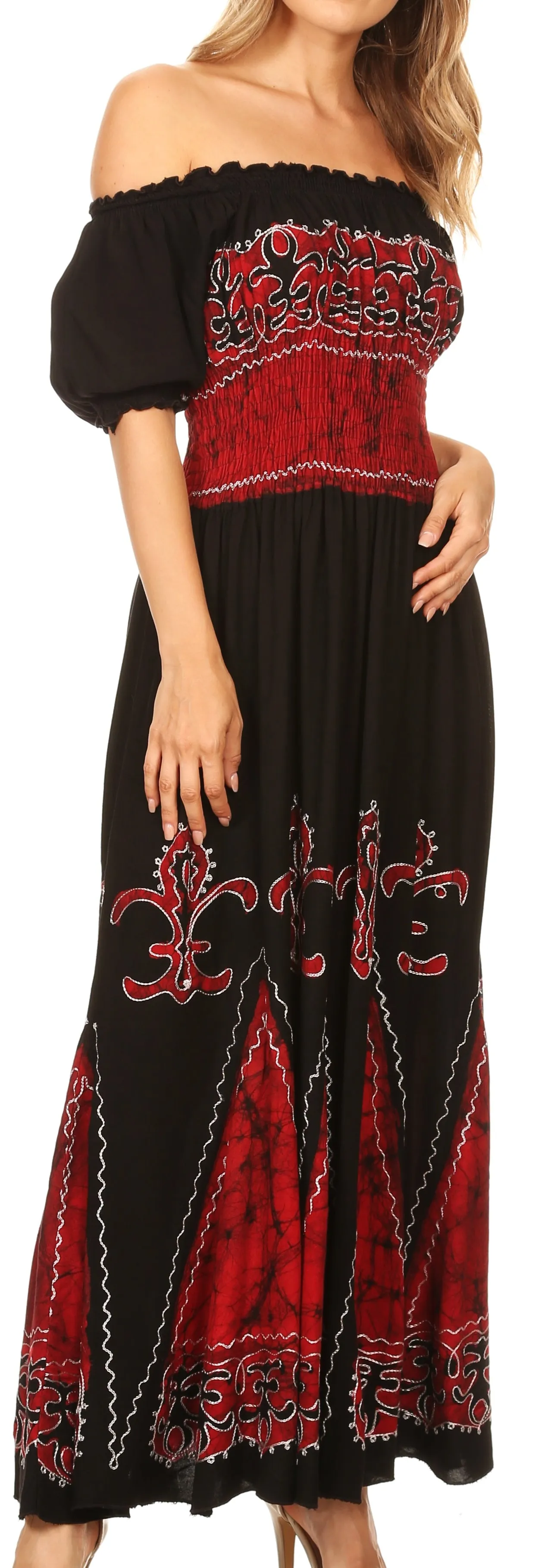 Sakkas Batik Fleur De Lis Embroidered Peasant Dress