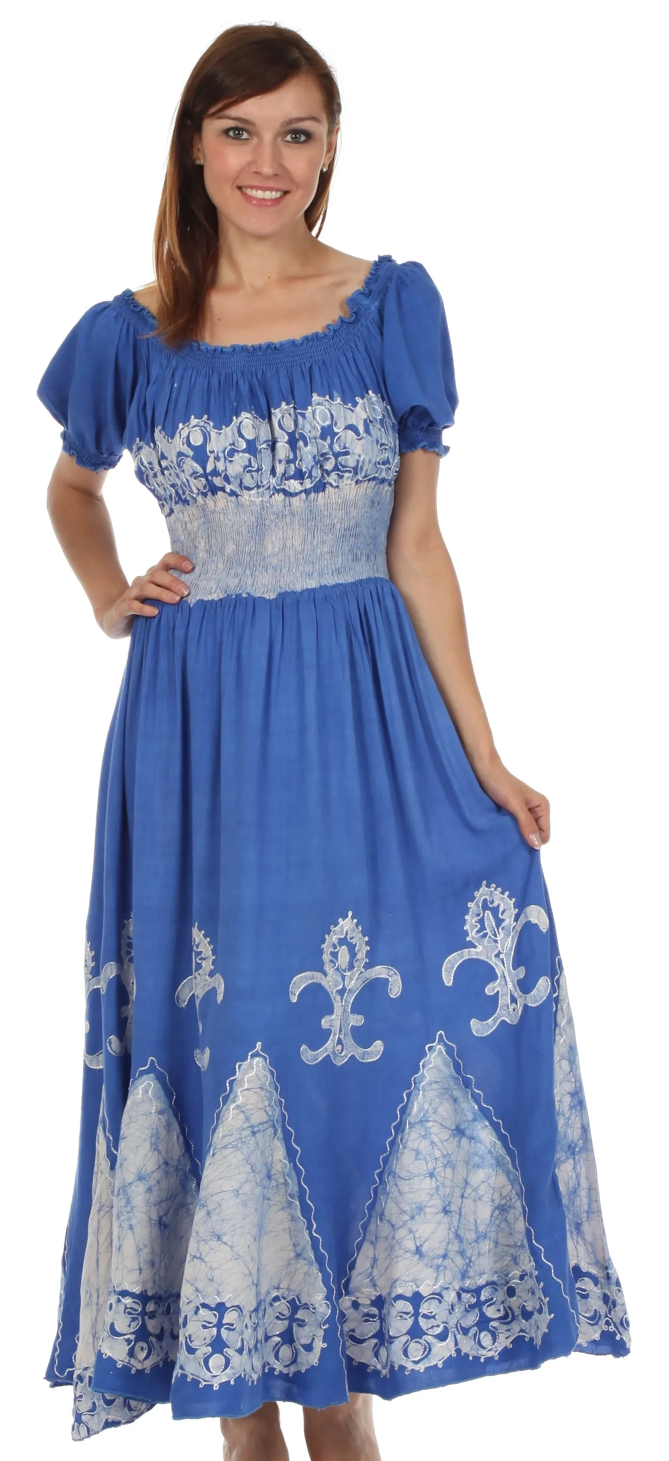 Sakkas Batik Fleur De Lis Embroidered Peasant Dress