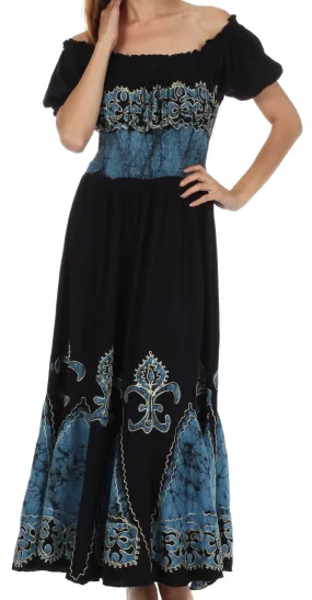 Sakkas Batik Fleur De Lis Embroidered Peasant Dress