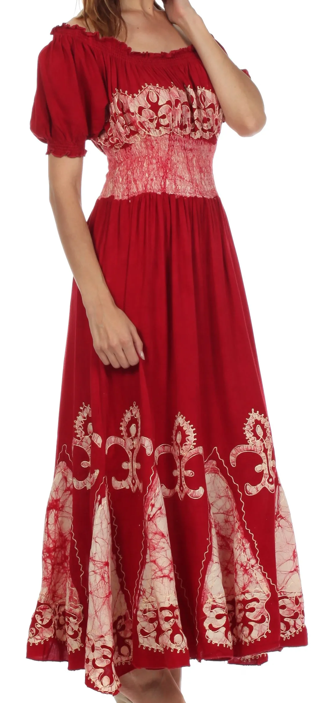 Sakkas Batik Fleur De Lis Embroidered Peasant Dress