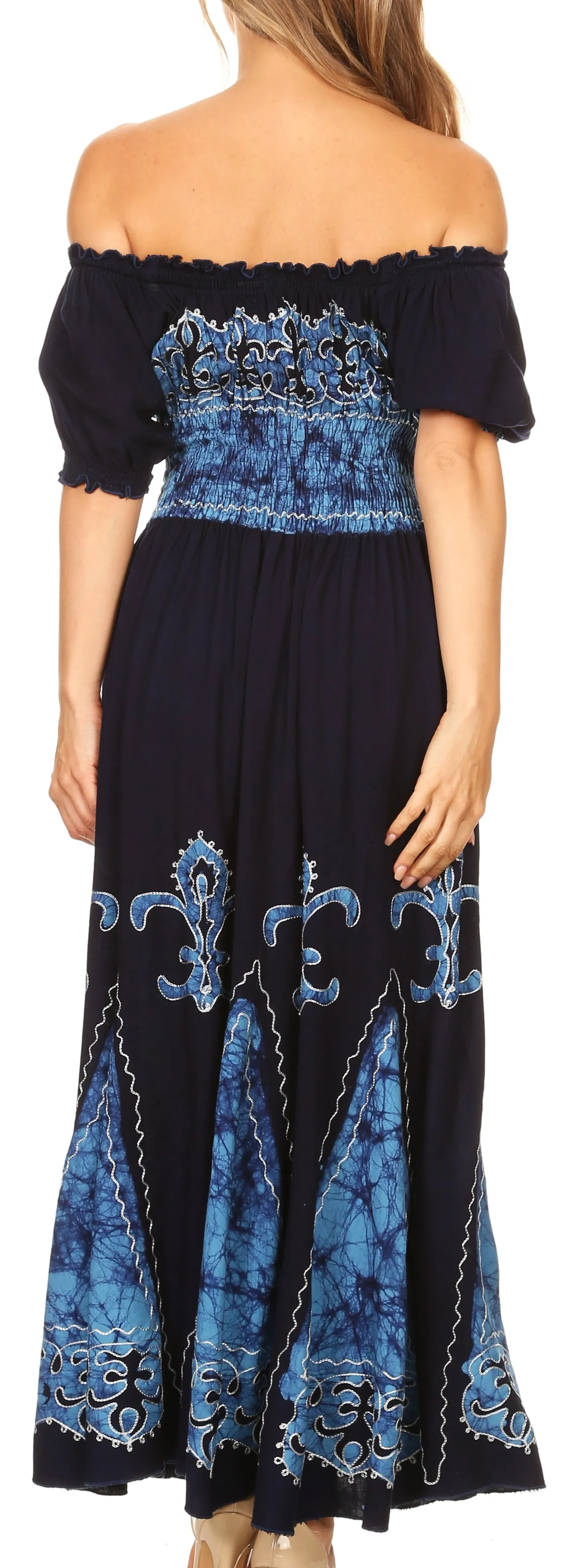 Sakkas Batik Fleur De Lis Embroidered Peasant Dress