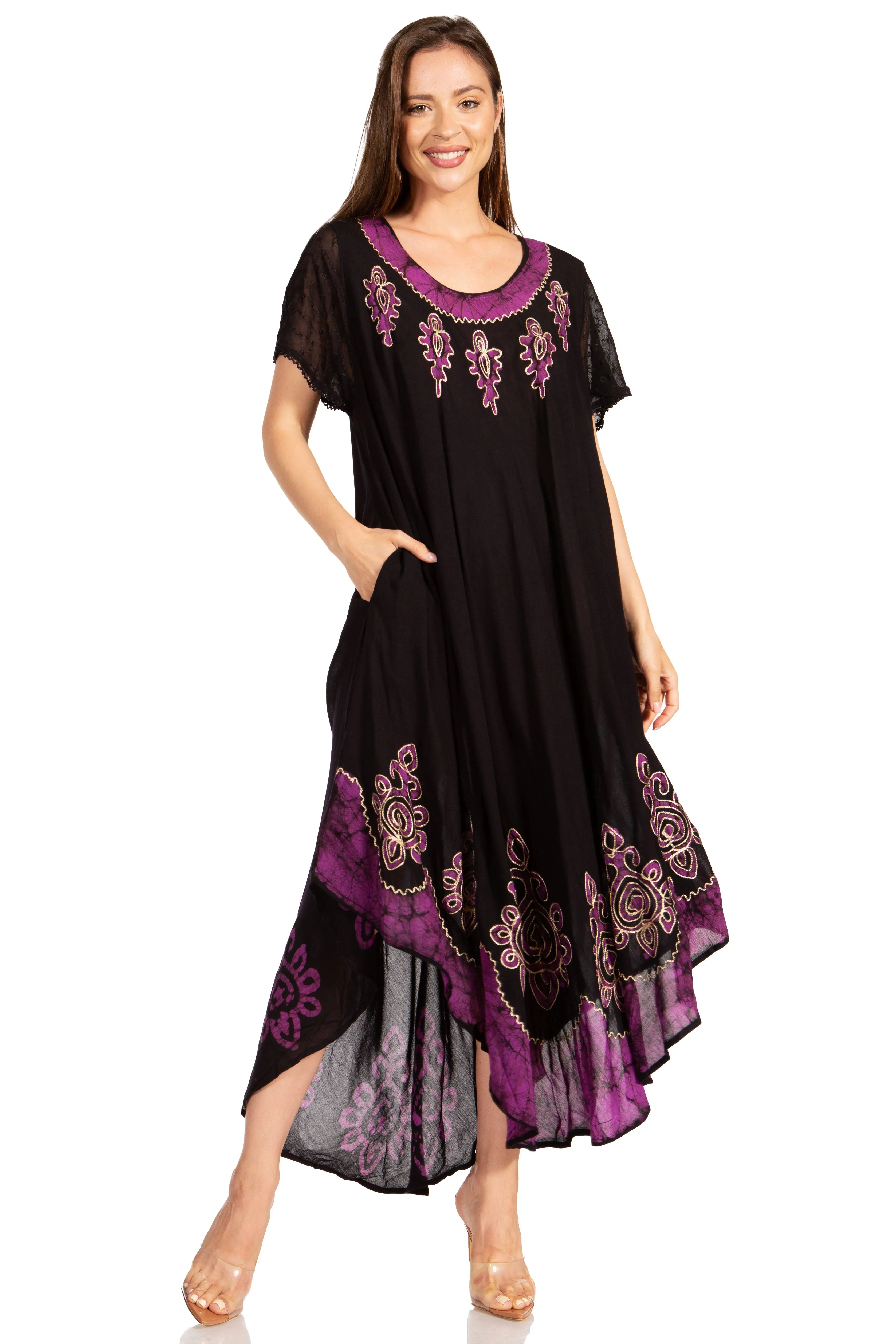 Sakkas Batik Hindi Cap Sleeve Caftan Dress / Cover Up