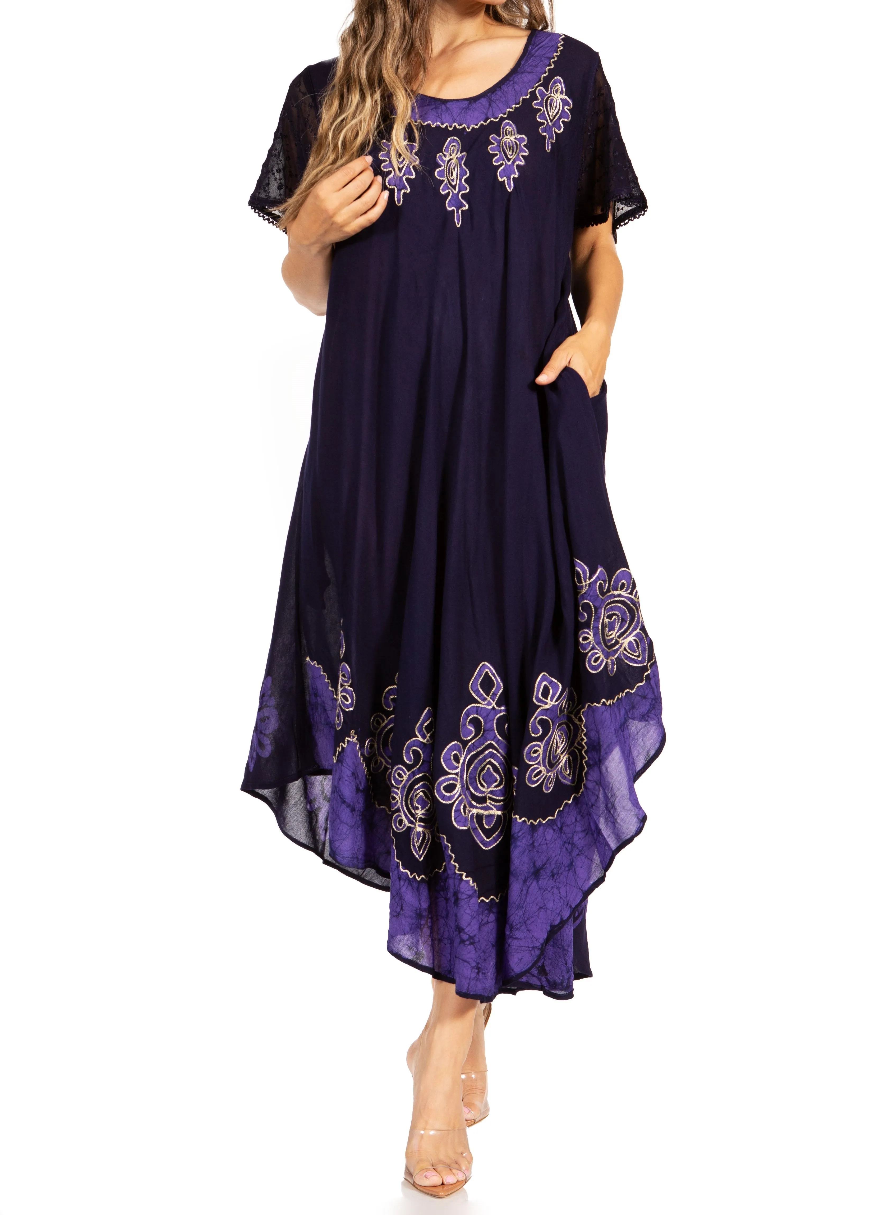 Sakkas Batik Hindi Cap Sleeve Caftan Dress / Cover Up