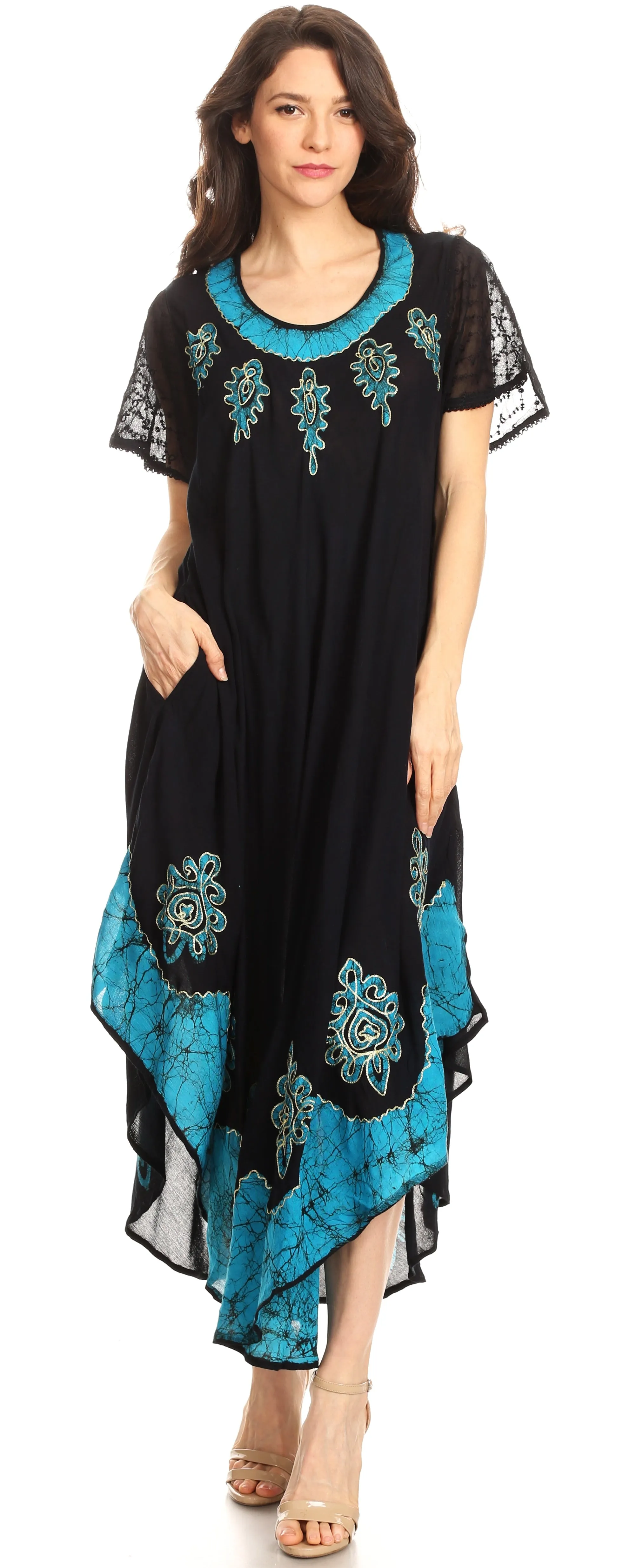 Sakkas Batik Hindi Cap Sleeve Caftan Dress / Cover Up