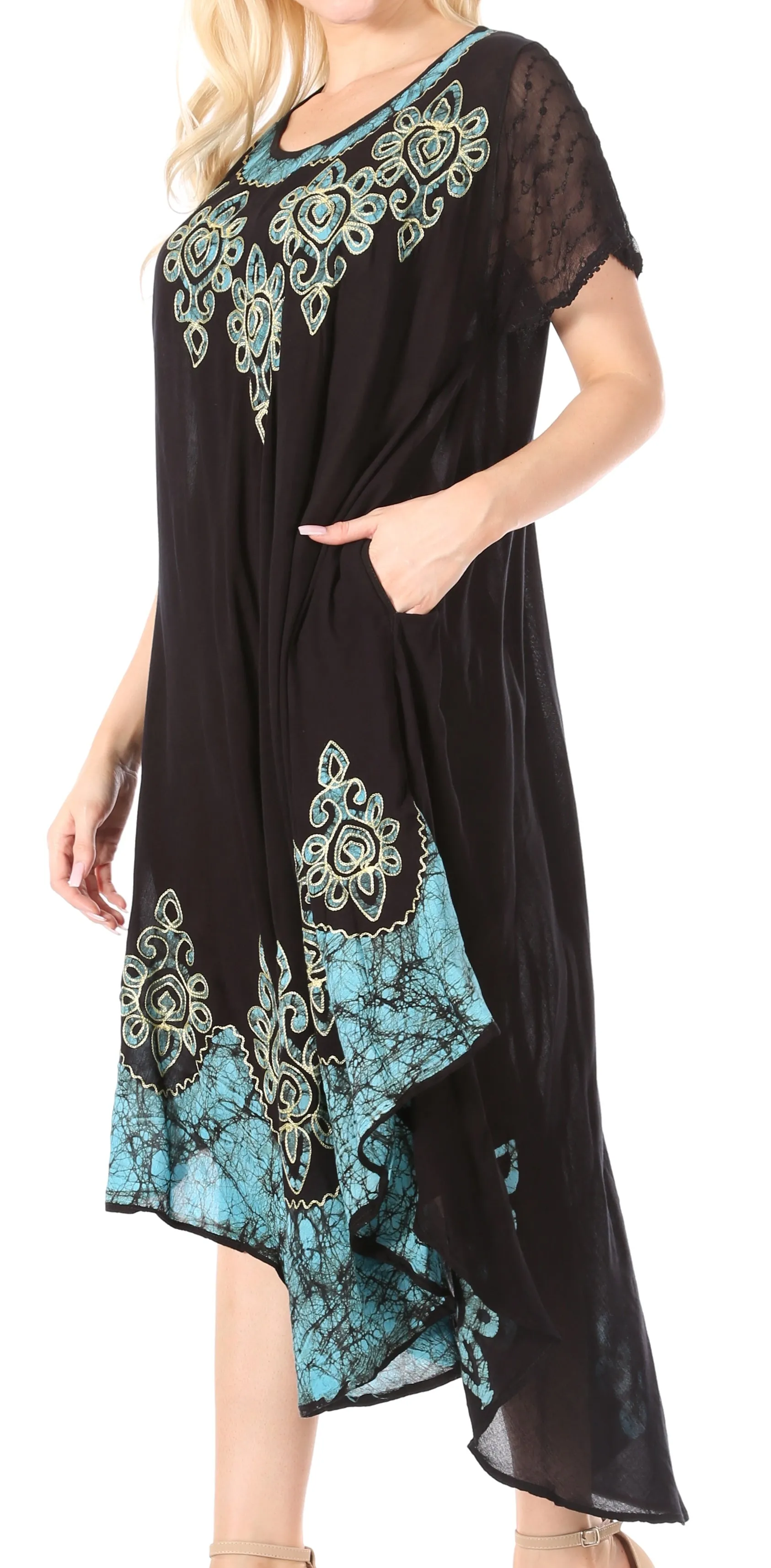 Sakkas Batik Hindi Cap Sleeve Caftan Dress / Cover Up