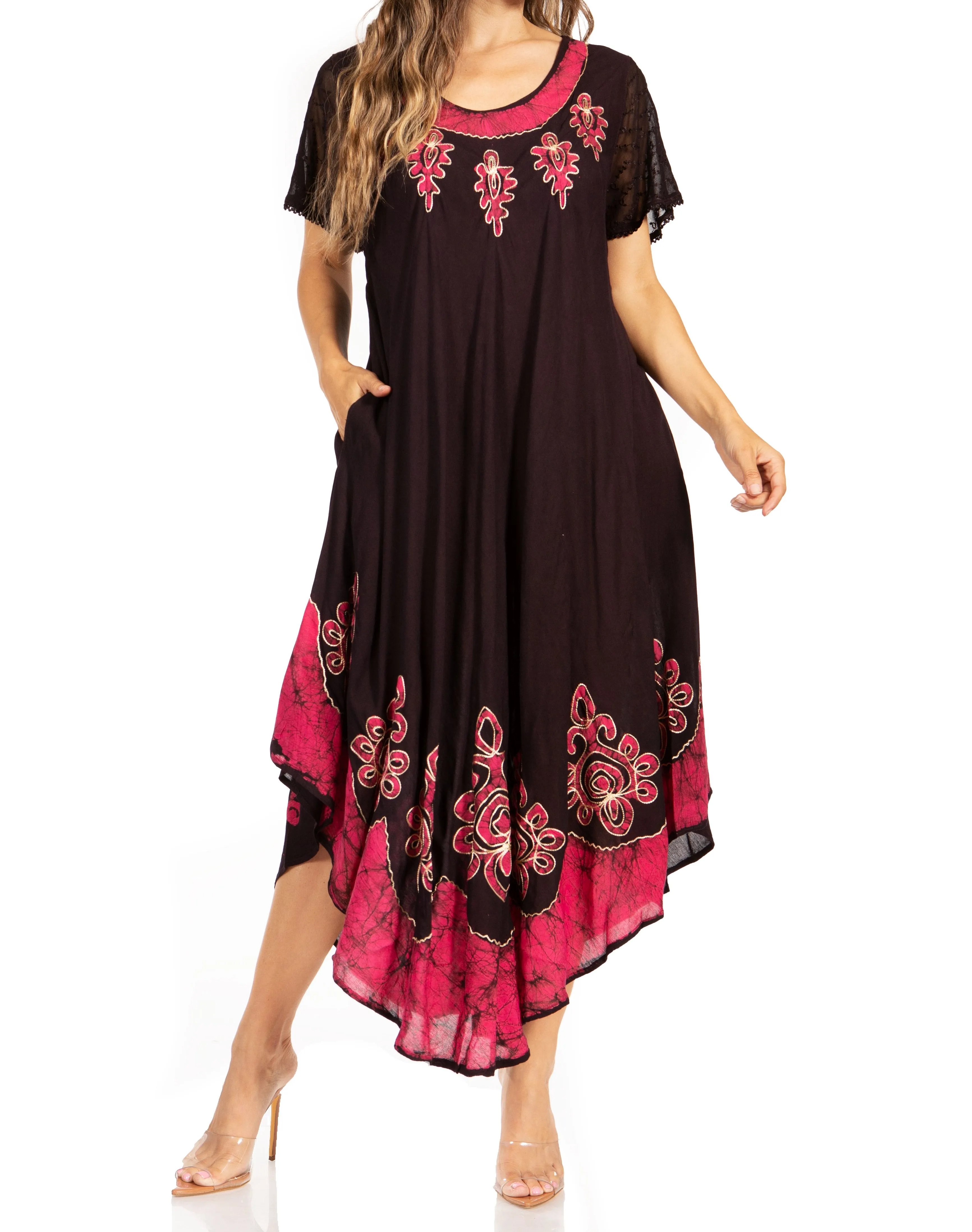 Sakkas Batik Hindi Cap Sleeve Caftan Dress / Cover Up