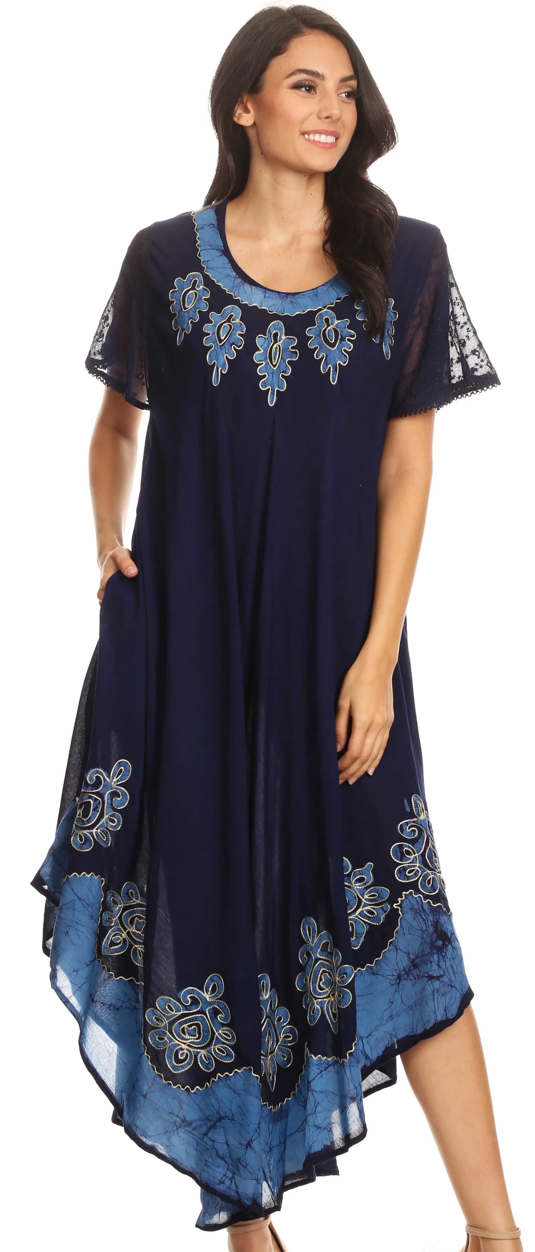 Sakkas Batik Hindi Cap Sleeve Caftan Dress / Cover Up