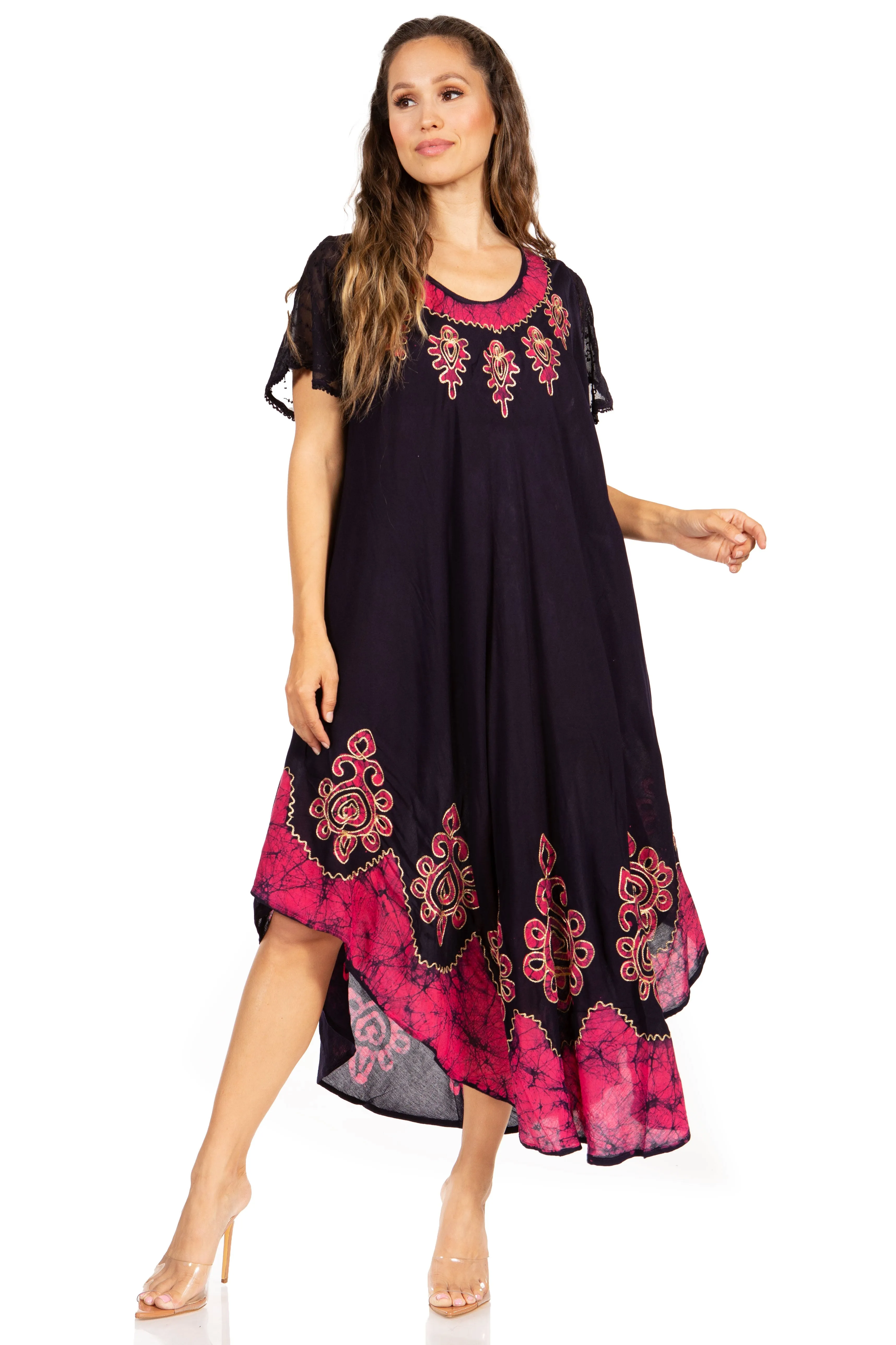 Sakkas Batik Hindi Cap Sleeve Caftan Dress / Cover Up