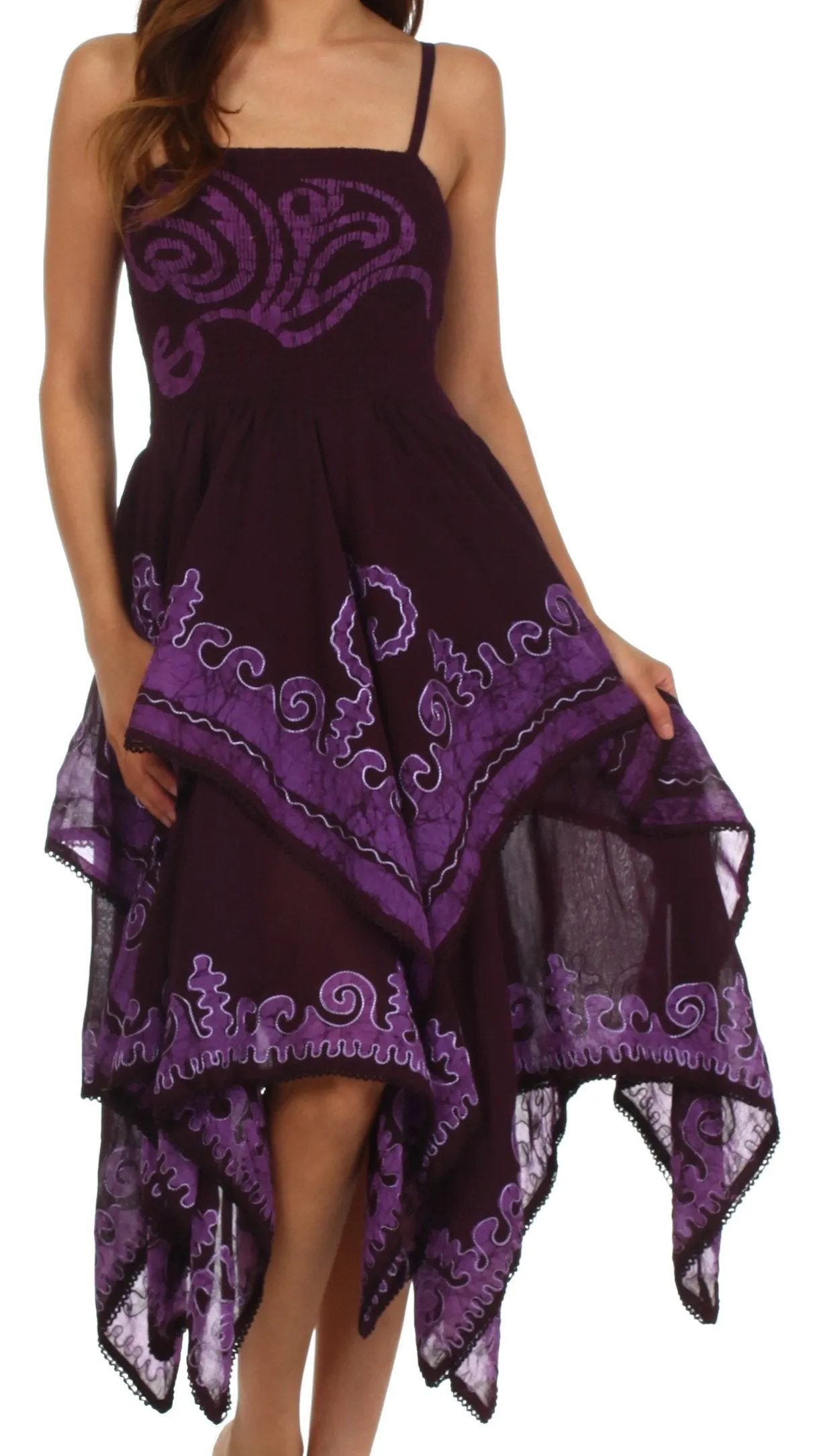 Sakkas Batik Smocked Bodice Handkerchief Hem Dress