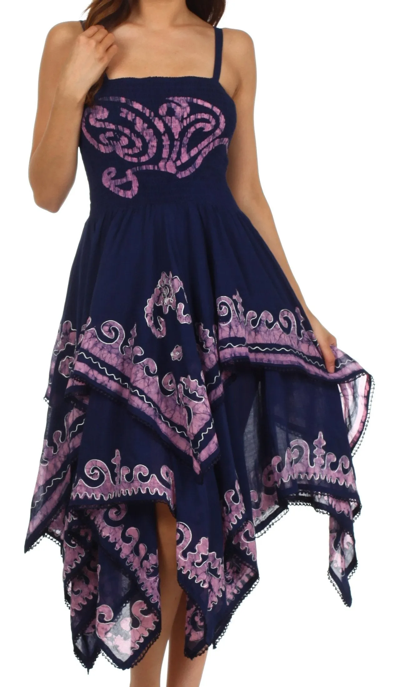 Sakkas Batik Smocked Bodice Handkerchief Hem Dress