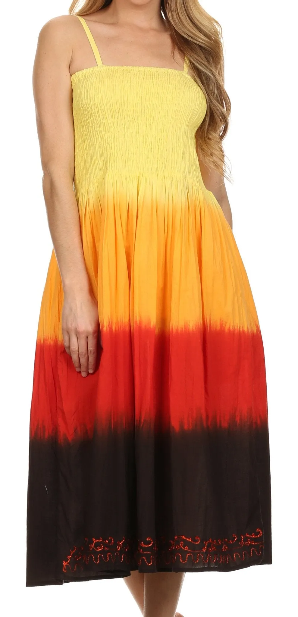 Sakkas Dawn Tie Die Adjustable Spaghetti Strap Embroidered Cotton Dress