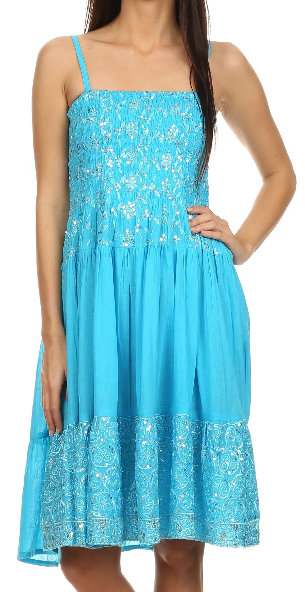 Sakkas Galina Embroidered Adjustable Spaghetti Straps Smocked Bodice Dress