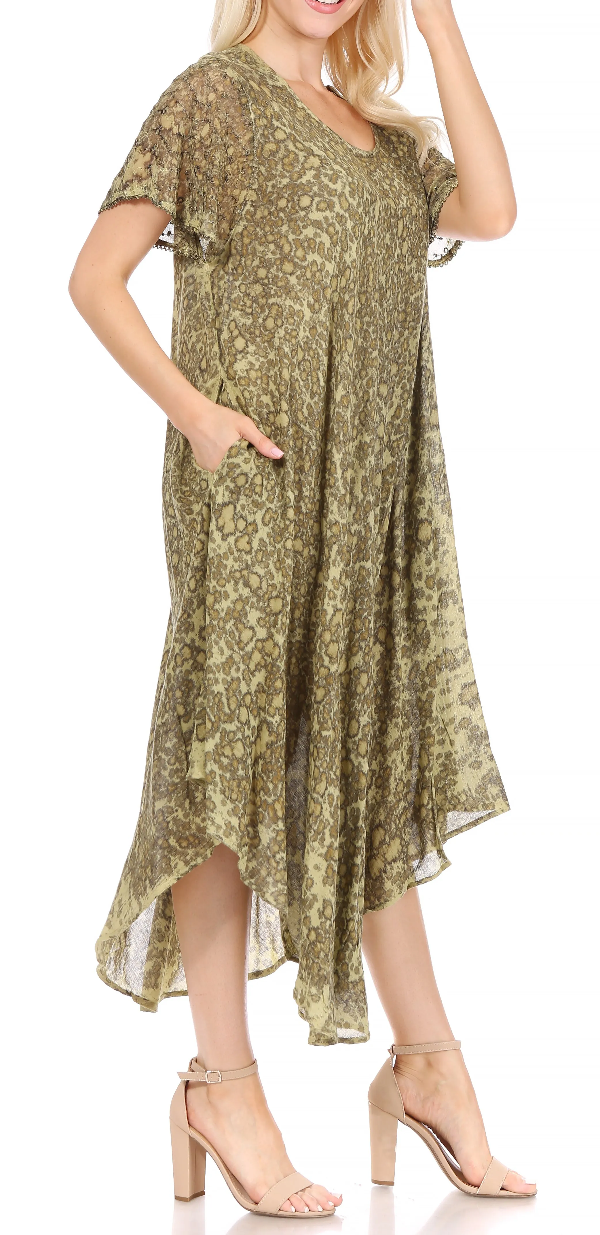 Sakkas Lila Freckled Dyed Cap Sleeve Scoopneck Long Caftan Dress / Cover Up