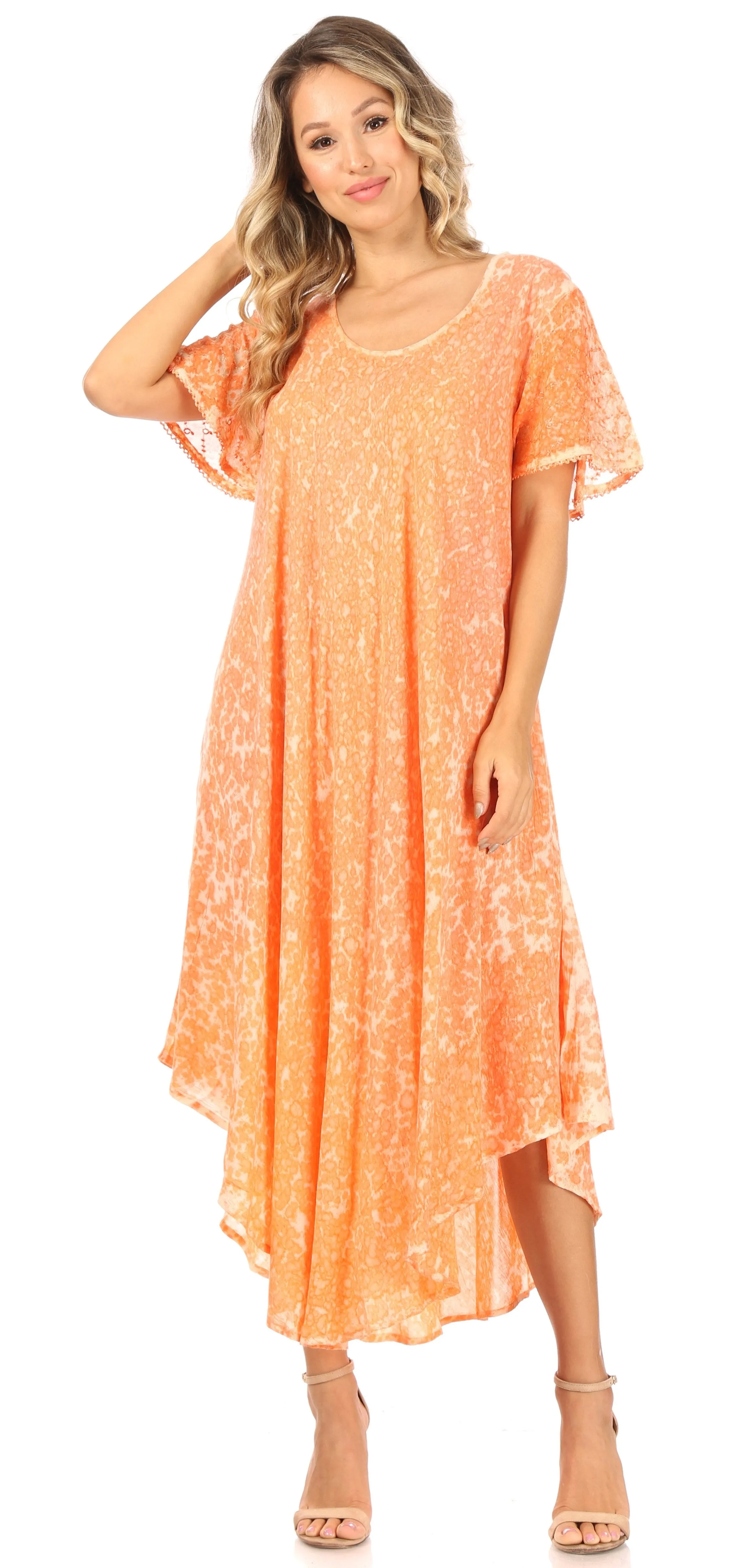 Sakkas Lila Freckled Dyed Cap Sleeve Scoopneck Long Caftan Dress / Cover Up