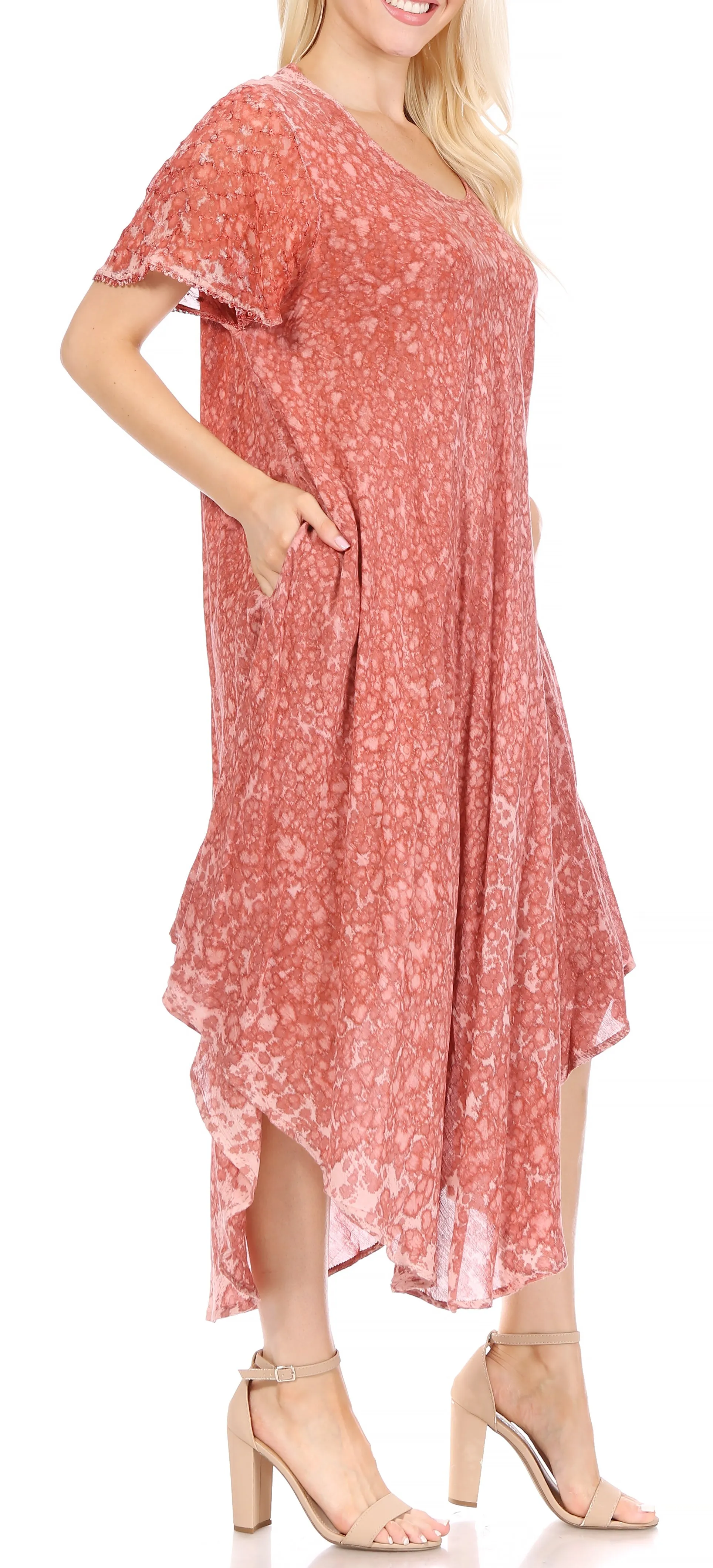 Sakkas Lila Freckled Dyed Cap Sleeve Scoopneck Long Caftan Dress / Cover Up