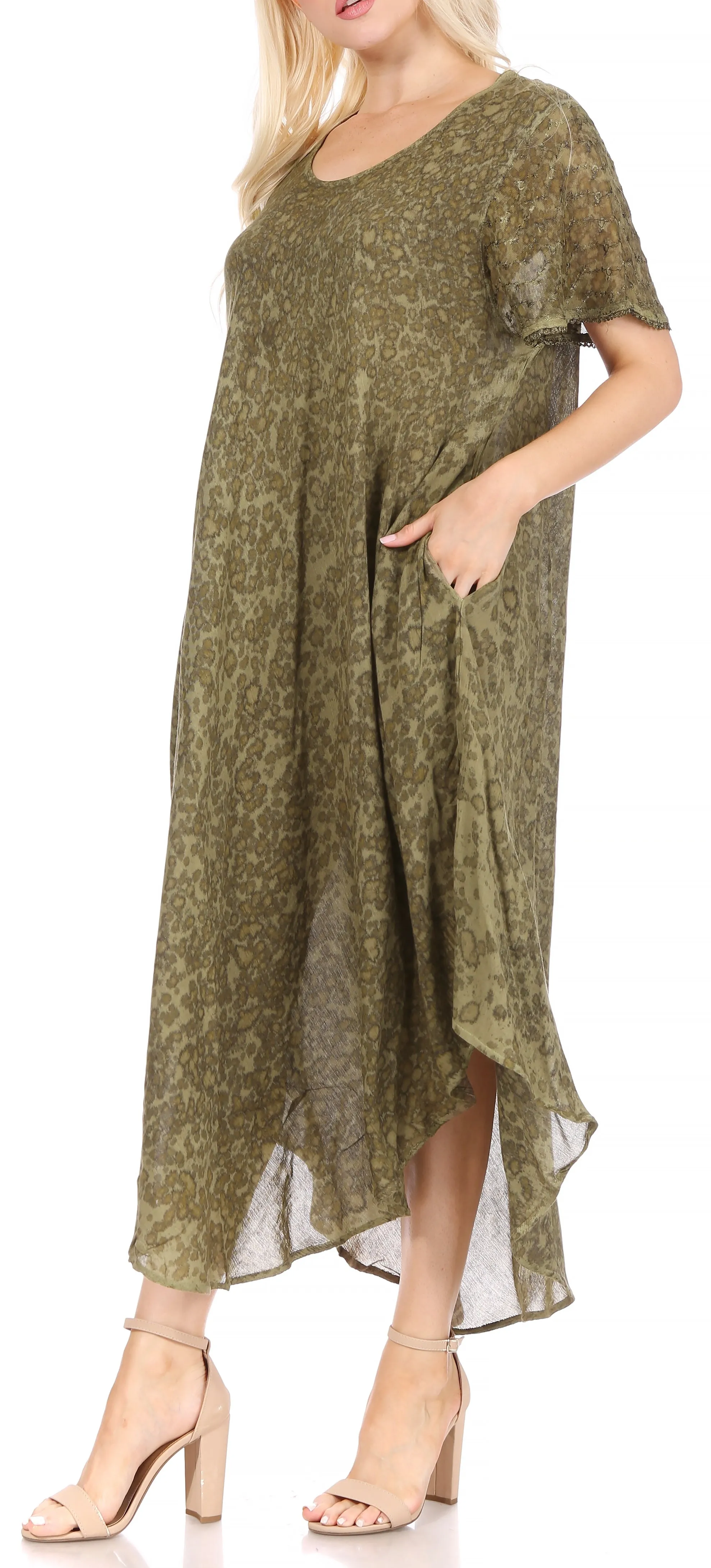 Sakkas Lila Freckled Dyed Cap Sleeve Scoopneck Long Caftan Dress / Cover Up