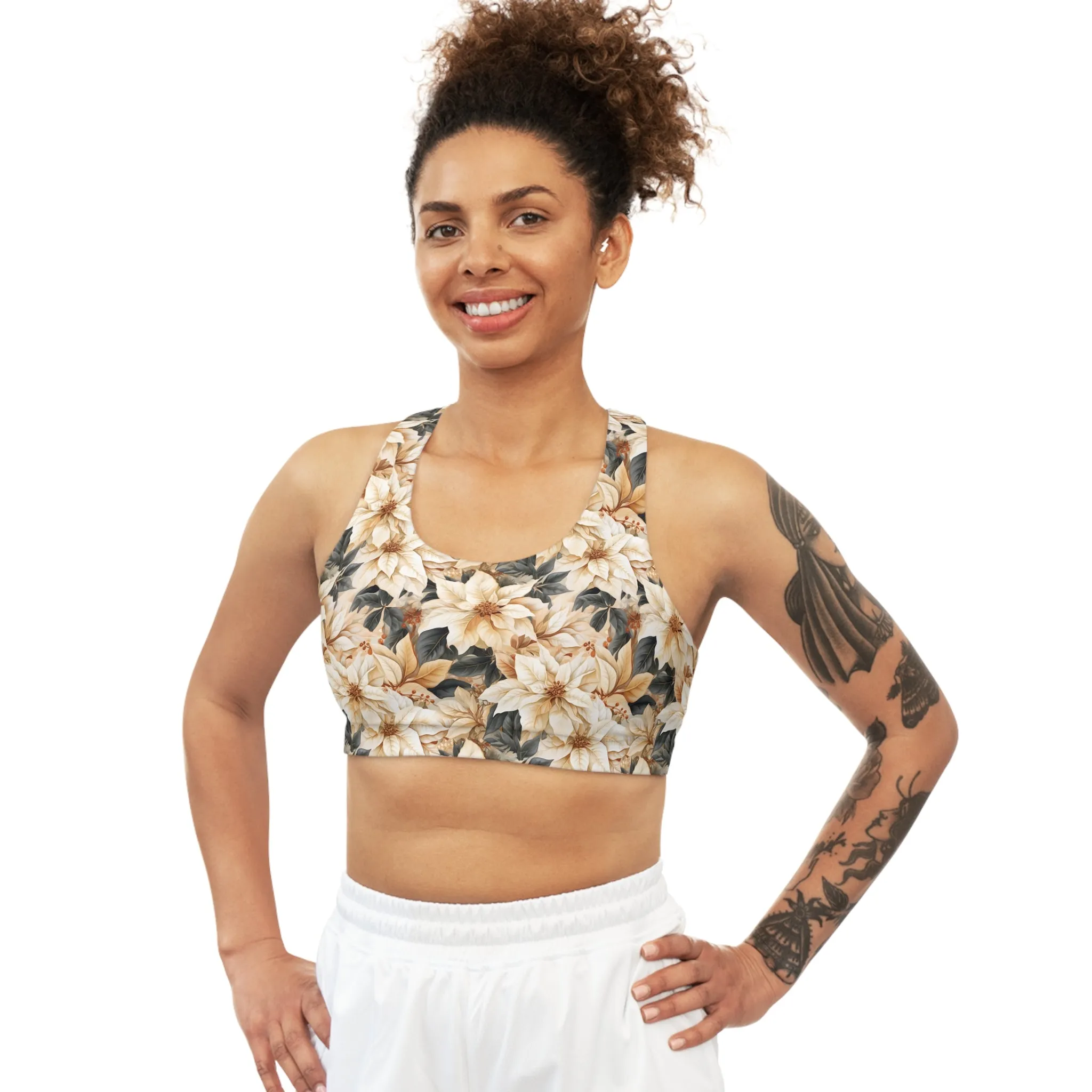 Seamless Sports Bra, Cream Poinsettia