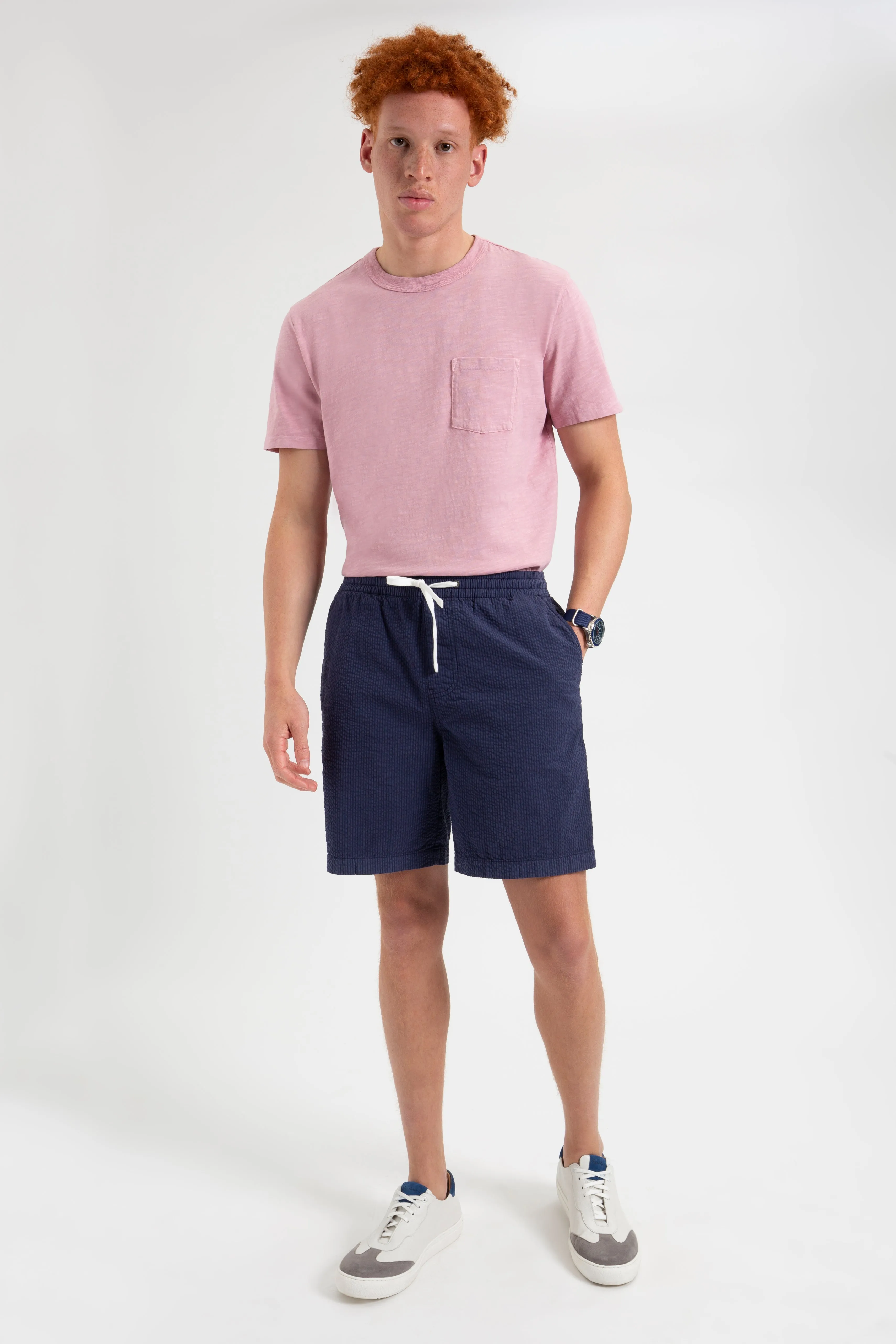 Seersucker Slim Fit Bengal Stripe Short - Navy