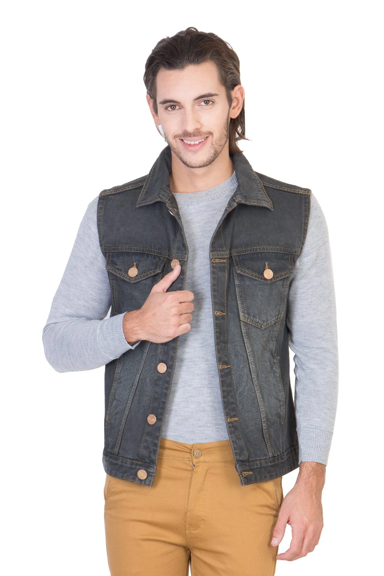 Sleeveless Tinted Black Men's Denim Jacket with Brass Button