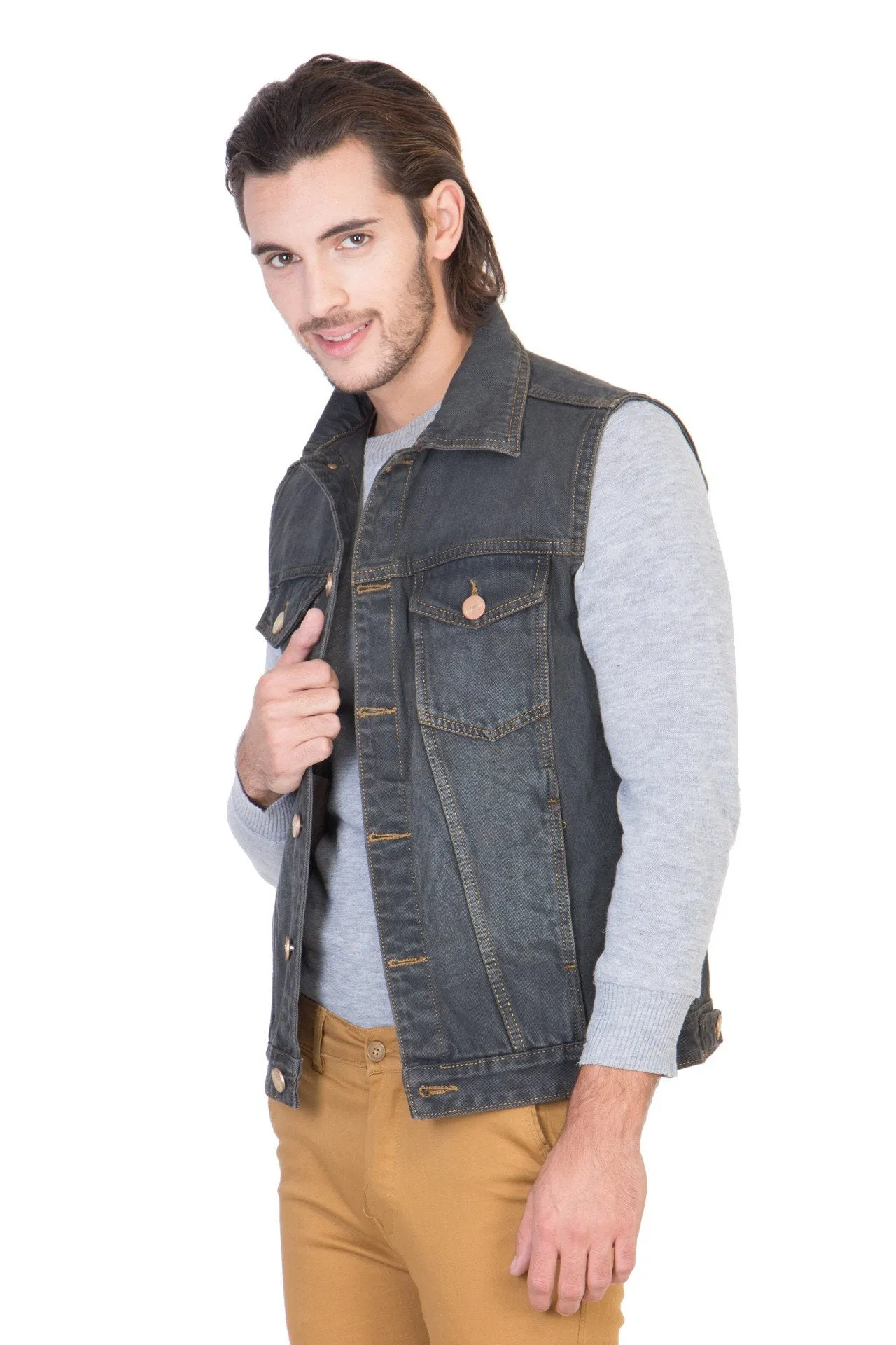 Sleeveless Tinted Black Men's Denim Jacket with Brass Button