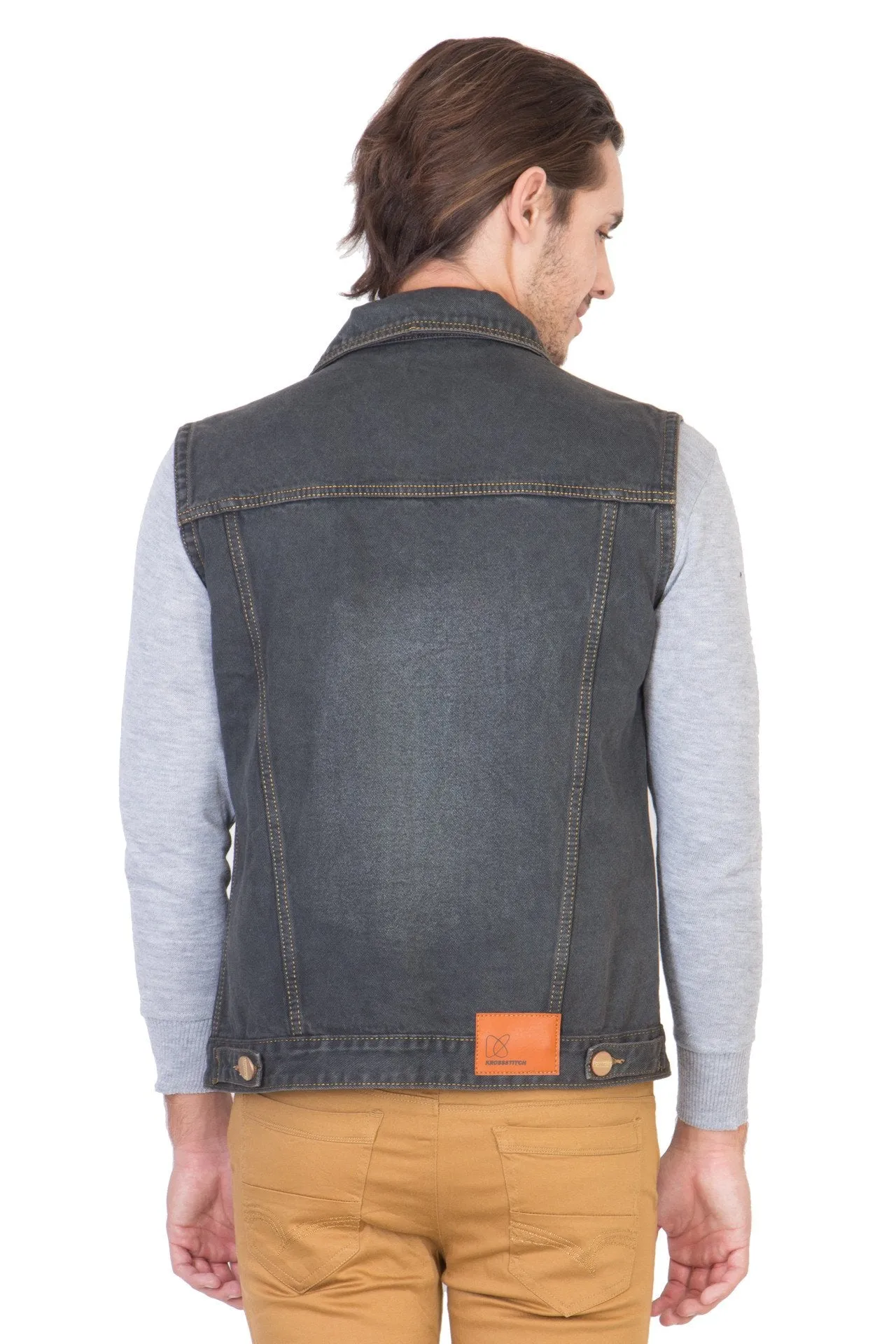 Sleeveless Tinted Black Men's Denim Jacket with Brass Button