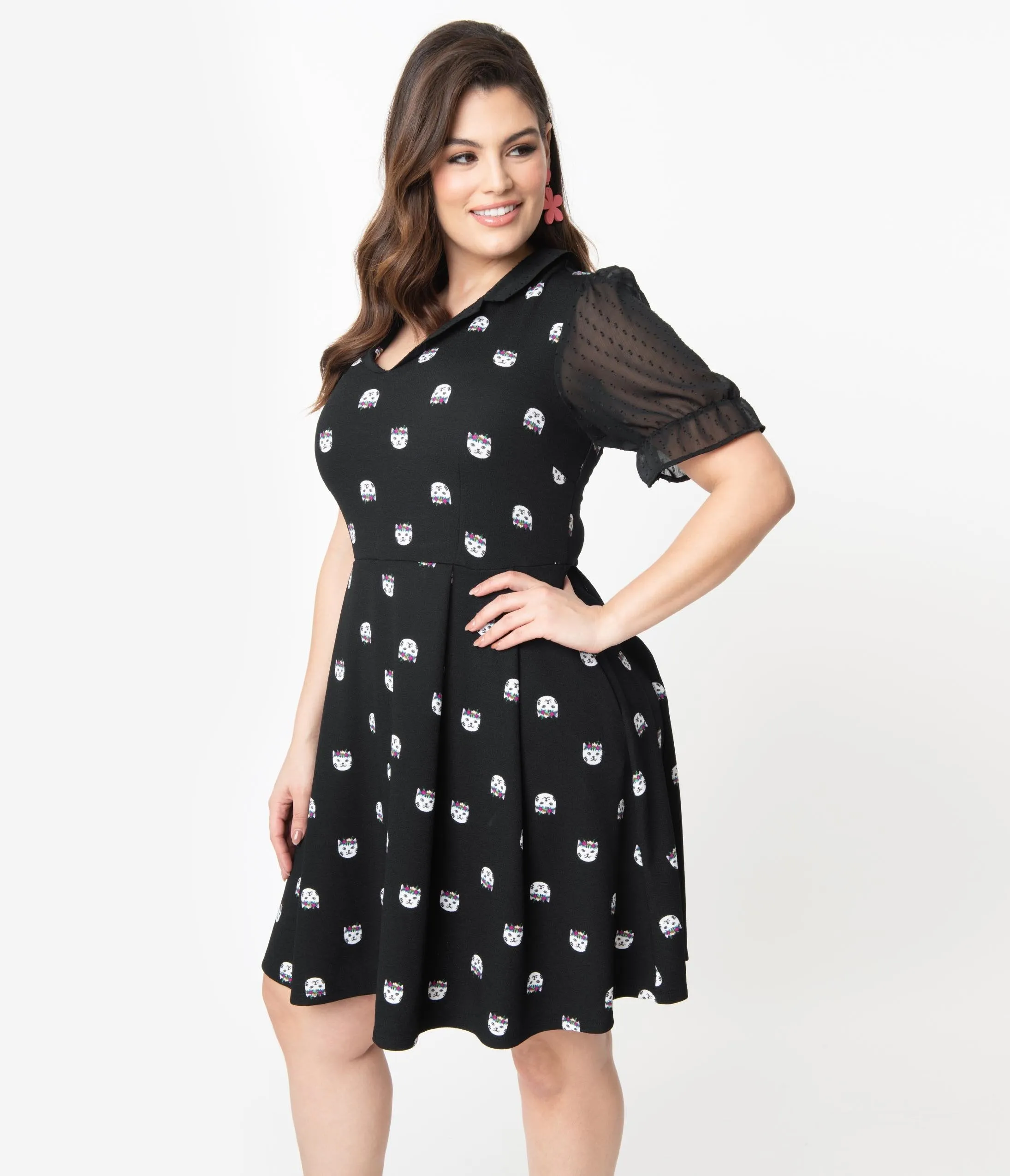 Smak Parlour Plus Size Black Cat Print Ruffle Riot Fit & Flare Dress