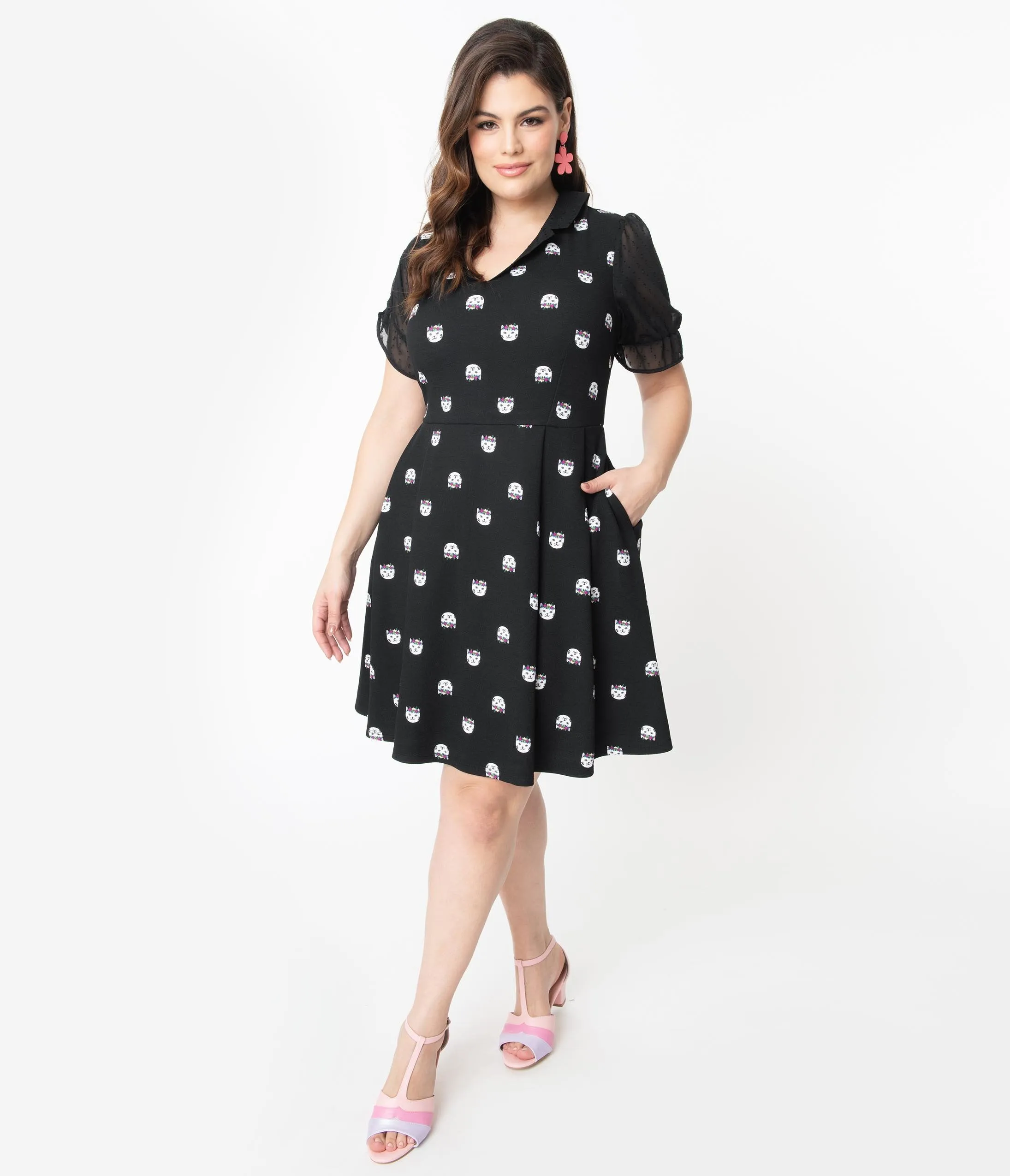 Smak Parlour Plus Size Black Cat Print Ruffle Riot Fit & Flare Dress