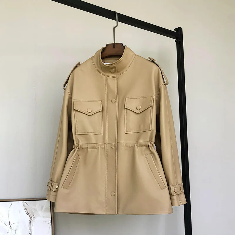 Small Waisted Leather Sheepskin Trench Coat