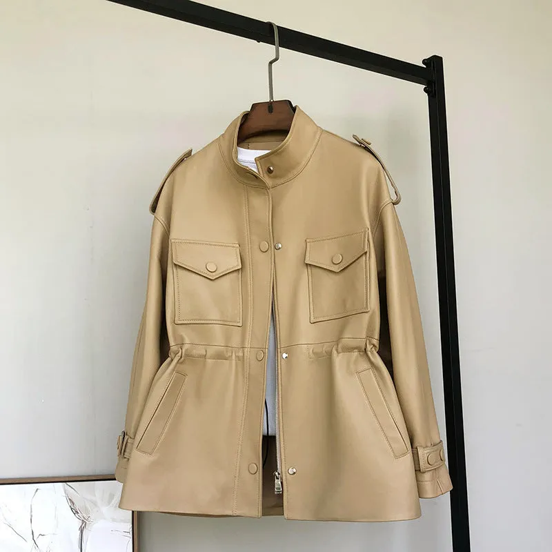 Small Waisted Leather Sheepskin Trench Coat