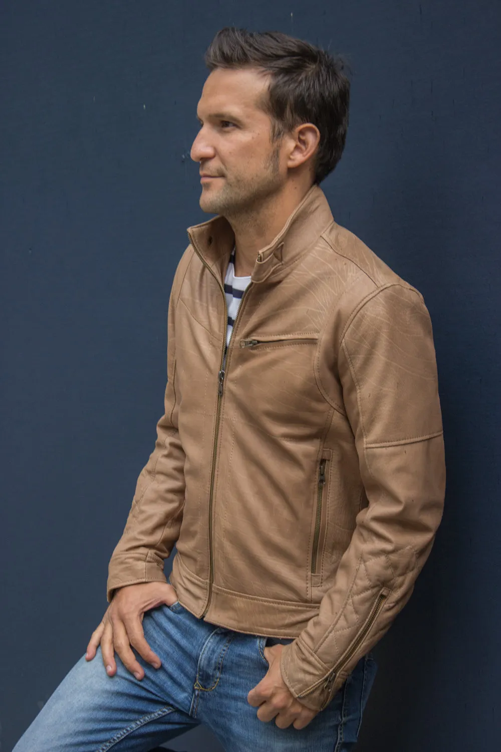 SOL Leather Jacket Lightweight Calfskin in Natural stone color