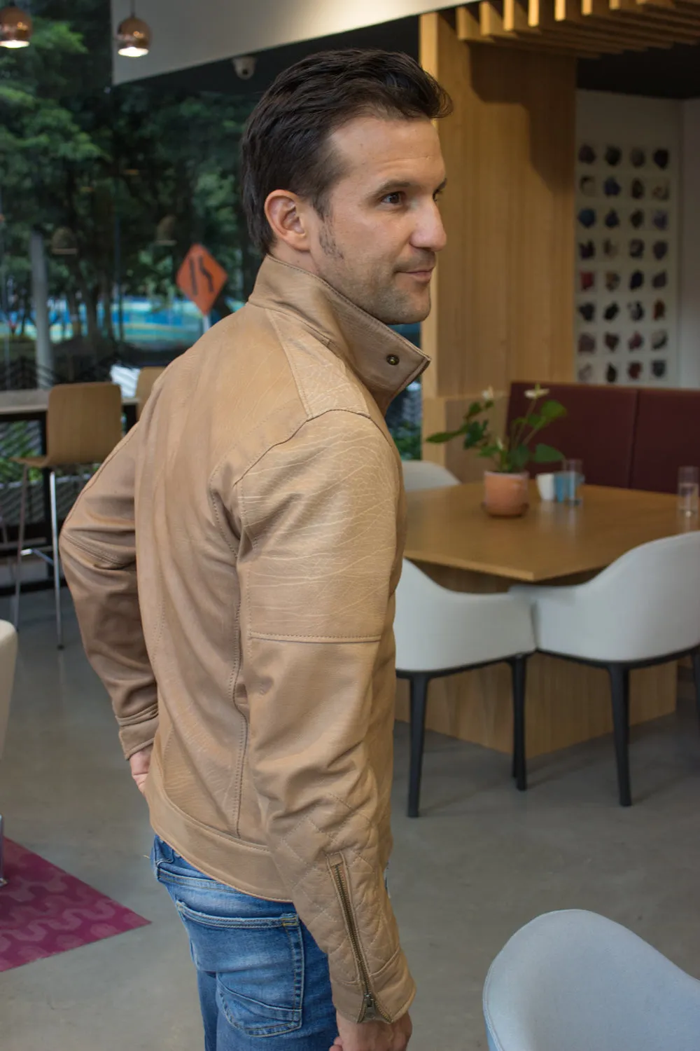 SOL Leather Jacket Lightweight Calfskin in Natural stone color